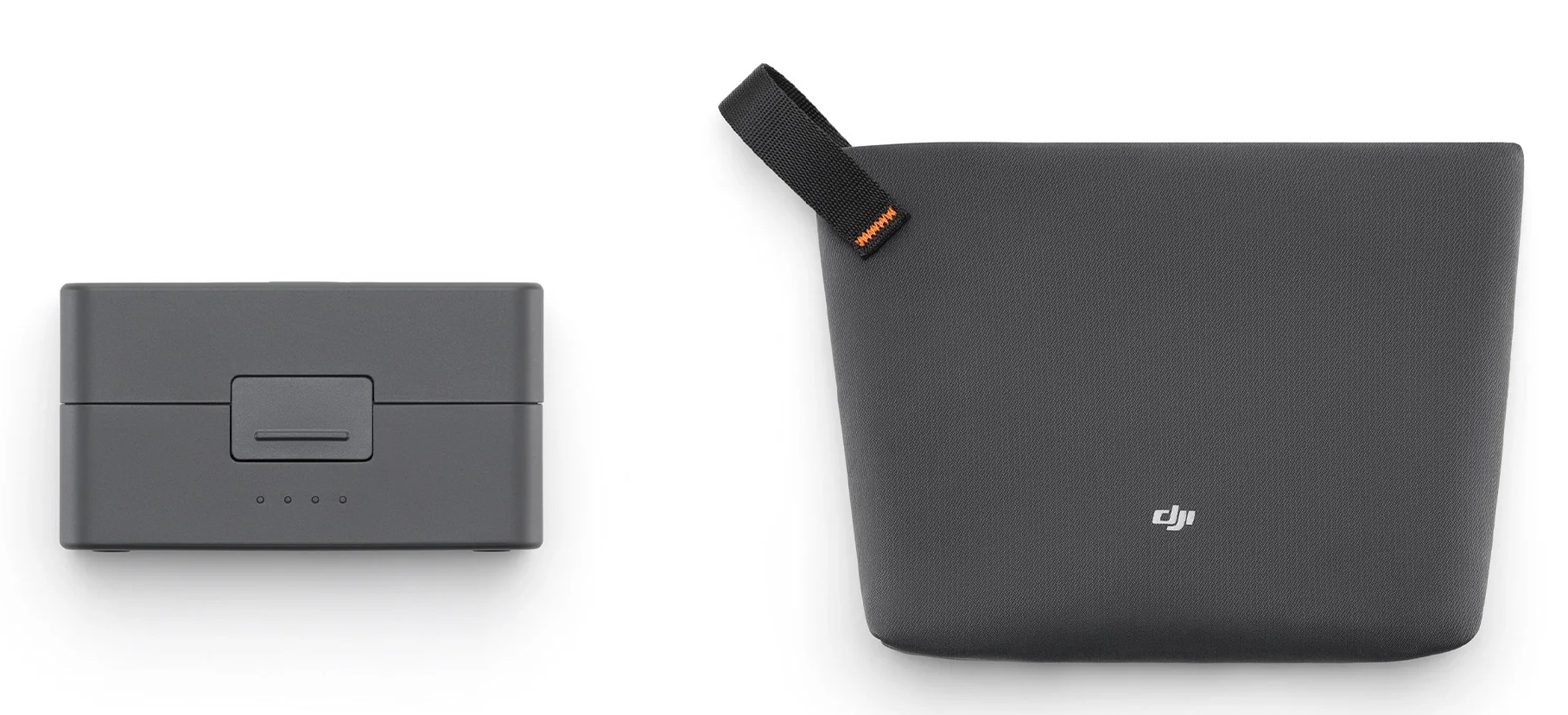 Szara ładowarka do drona i szare etui z czarnym paskiem na białym tle. Etui ma logo DJI.
