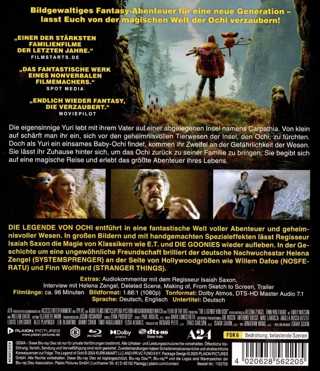 Poster für 'The Legend of Ochi'. Ein Mädchen mit Rucksack steht auf einem Hügel. Text enthält Filmcredits und eine Inhaltsangabe.
