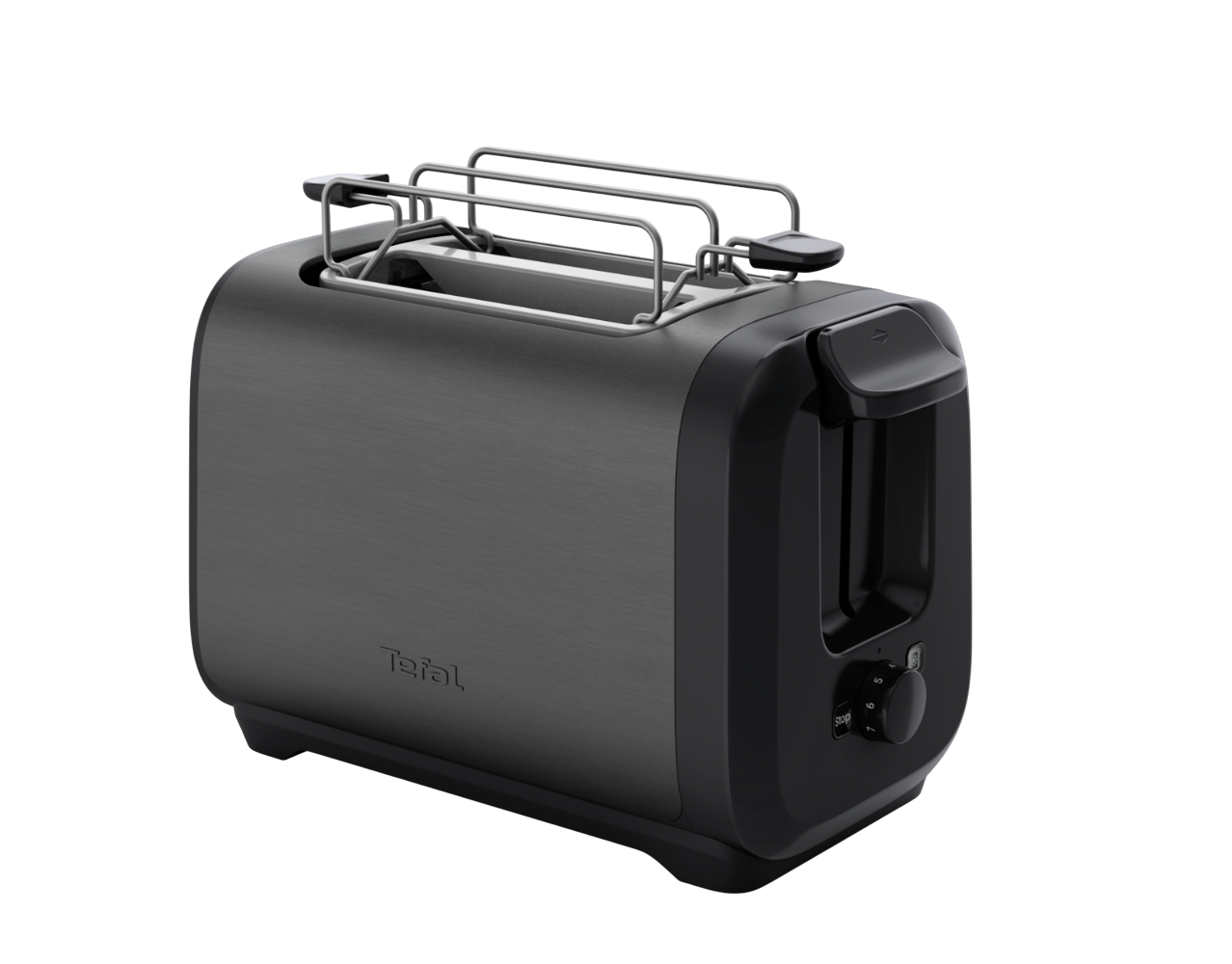 Ein grauer Toaster mit schwarzem Sockel und Bedienelementen. Er hat einen Hebel und ein Rad. Der Markenname 'Tefal' ist sichtbar.
