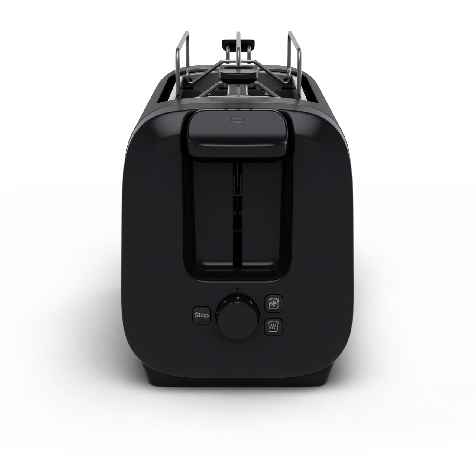 Ein schwarzer Toaster steht mittig auf weißem Grund. Er hat eine Stopptaste und Einstellungen zum Auftauen und Aufwärmen.