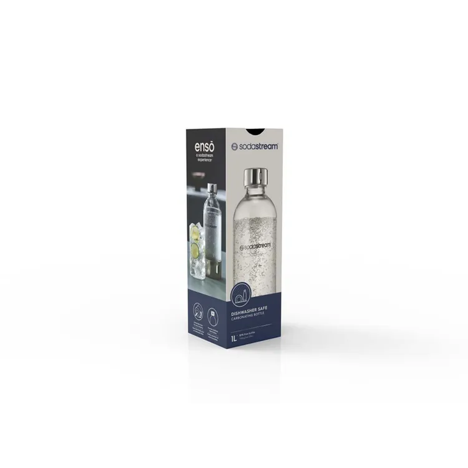 A Sodastream box with a glass bottle inside. The box has images of the bottle and text about its features.