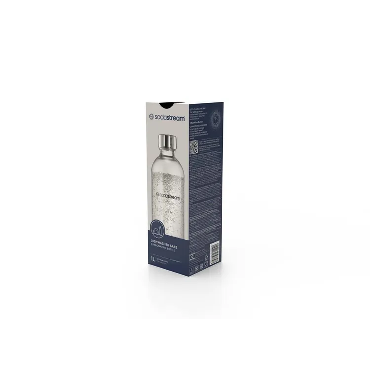 A SodaStream bottle and box stand on a white surface. The bottle is clear with a silver top. The box is dark blue.