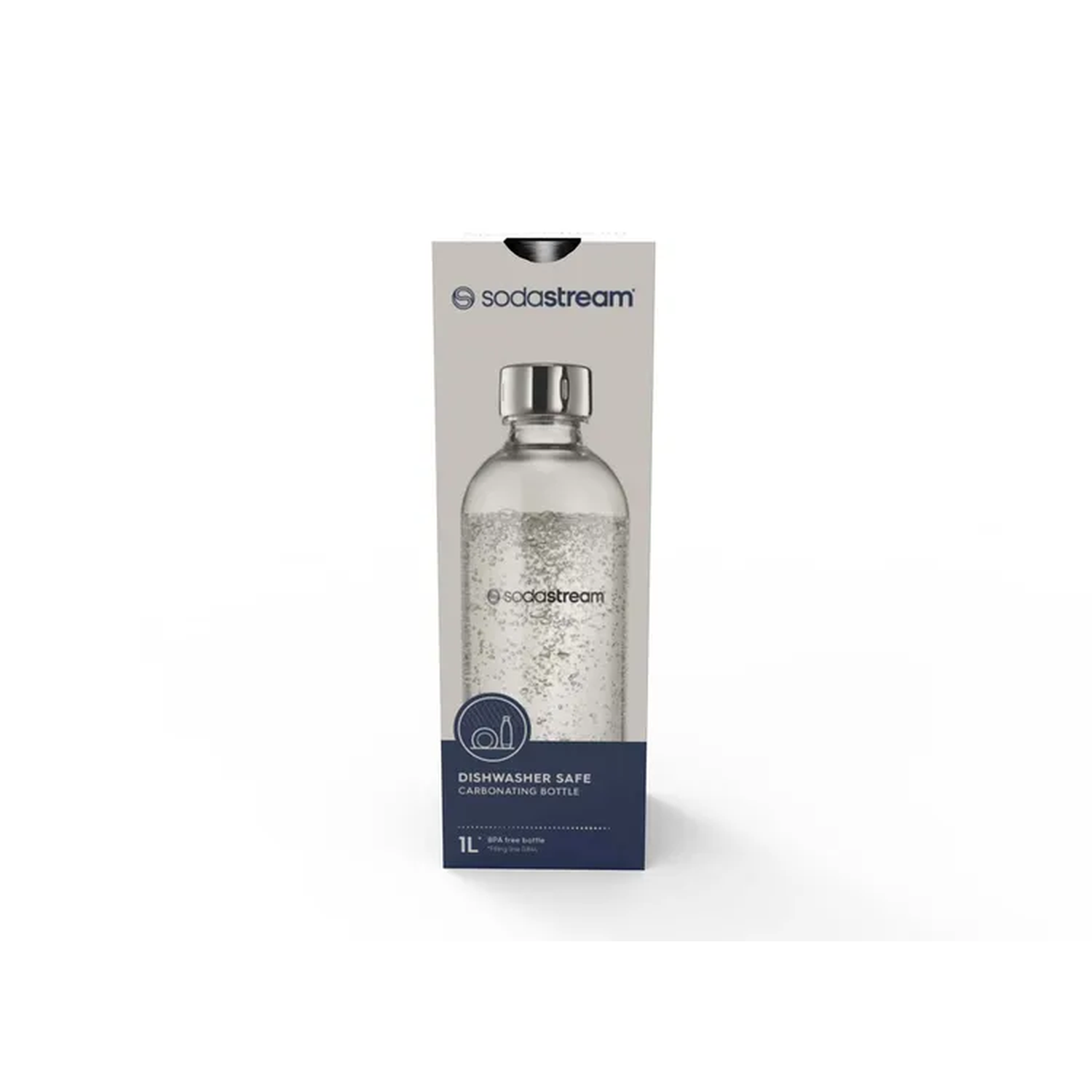 A Sodastream carbonating bottle in its package. The bottle is transparent, and the packaging is white with blue details.