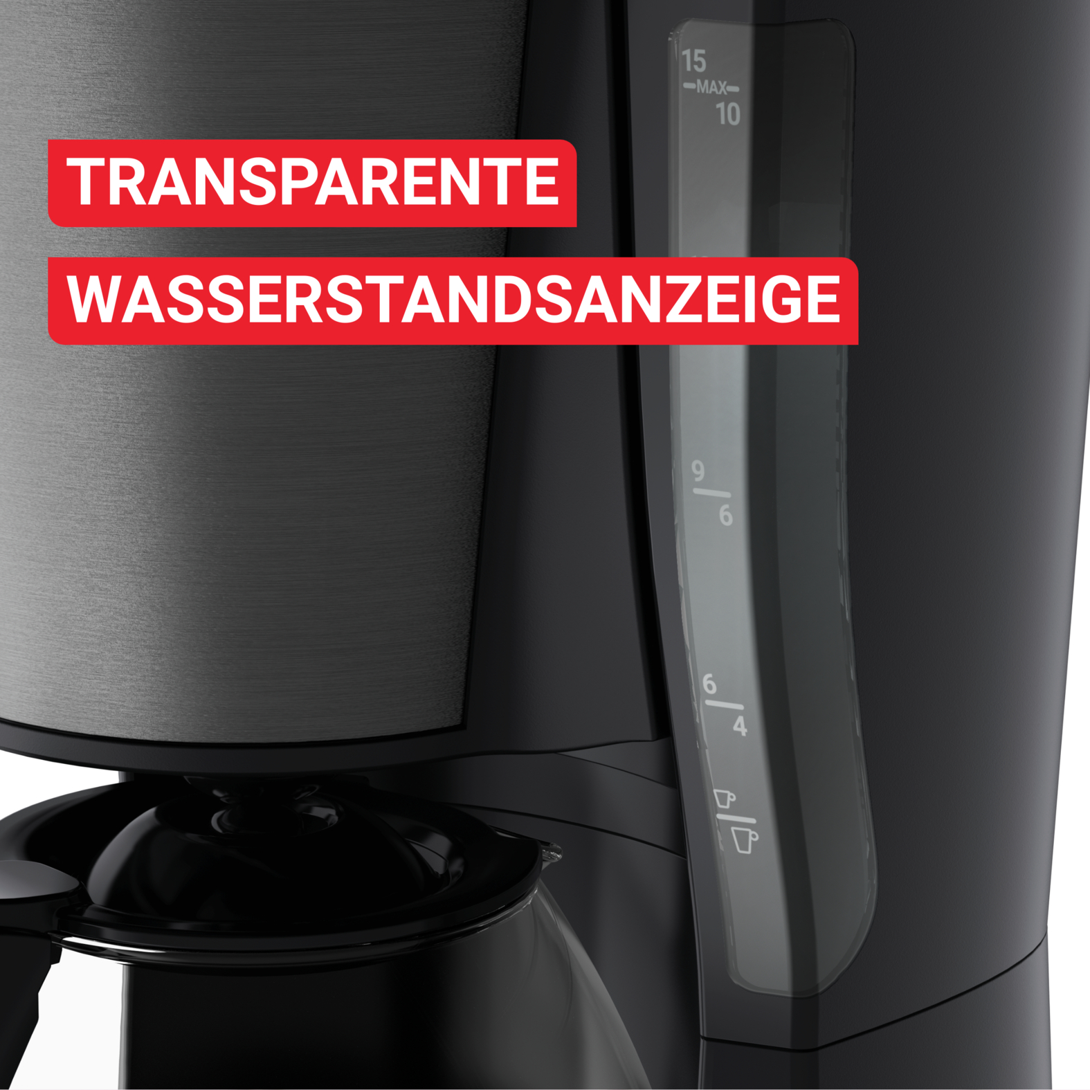 Eine schwarze Kaffeemaschine mit Wasserstandsanzeige. Der Text auf der Kaffeemaschine lautet 'TRANSPARENTE WASSERSTANDANZEIGE'.