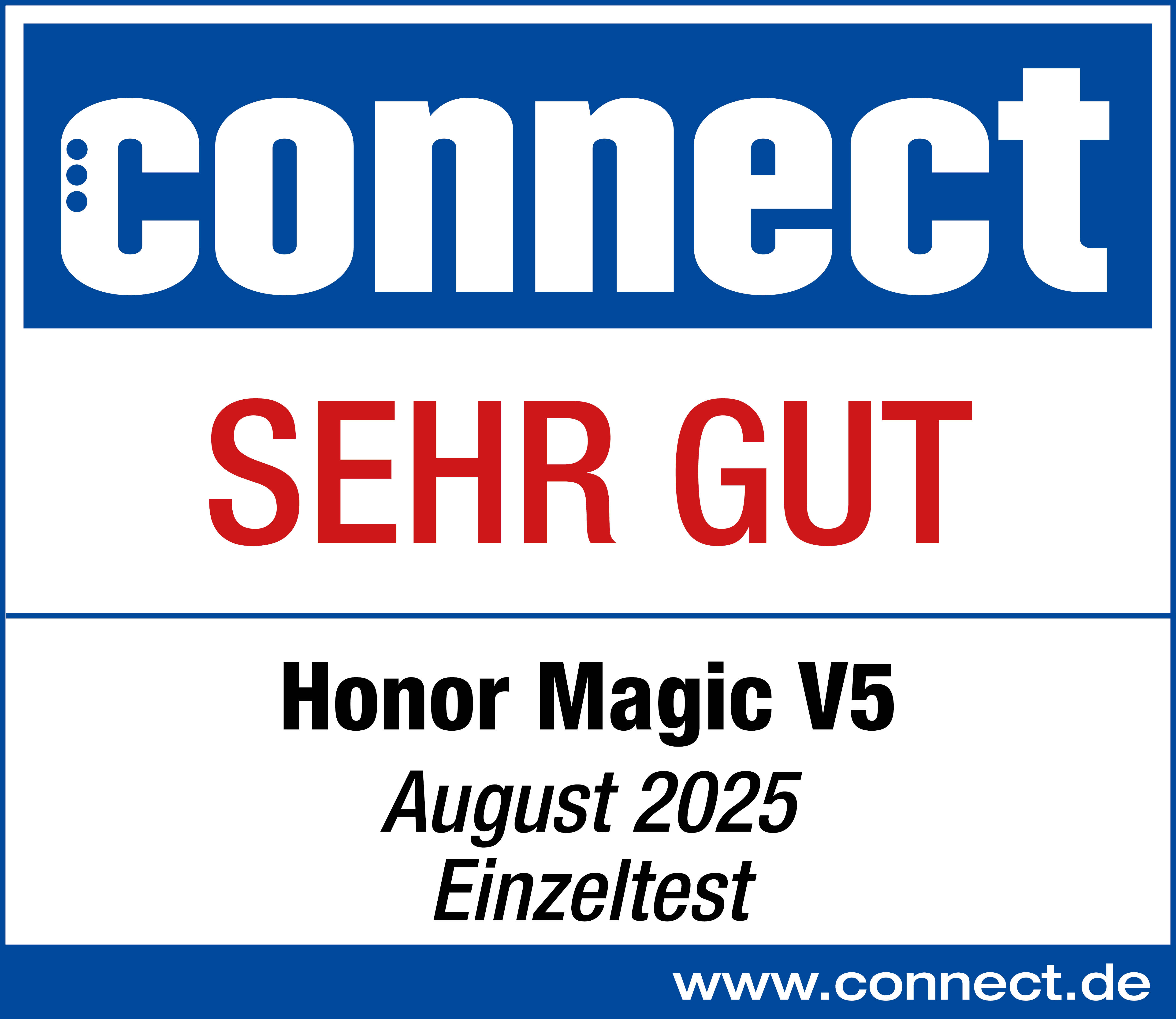 Das Bild zeigt ein "connect"-Logo mit "SEHR GUT" und "Honor Magic V5"-Text. Die Website www.connect.de ist sichtbar.