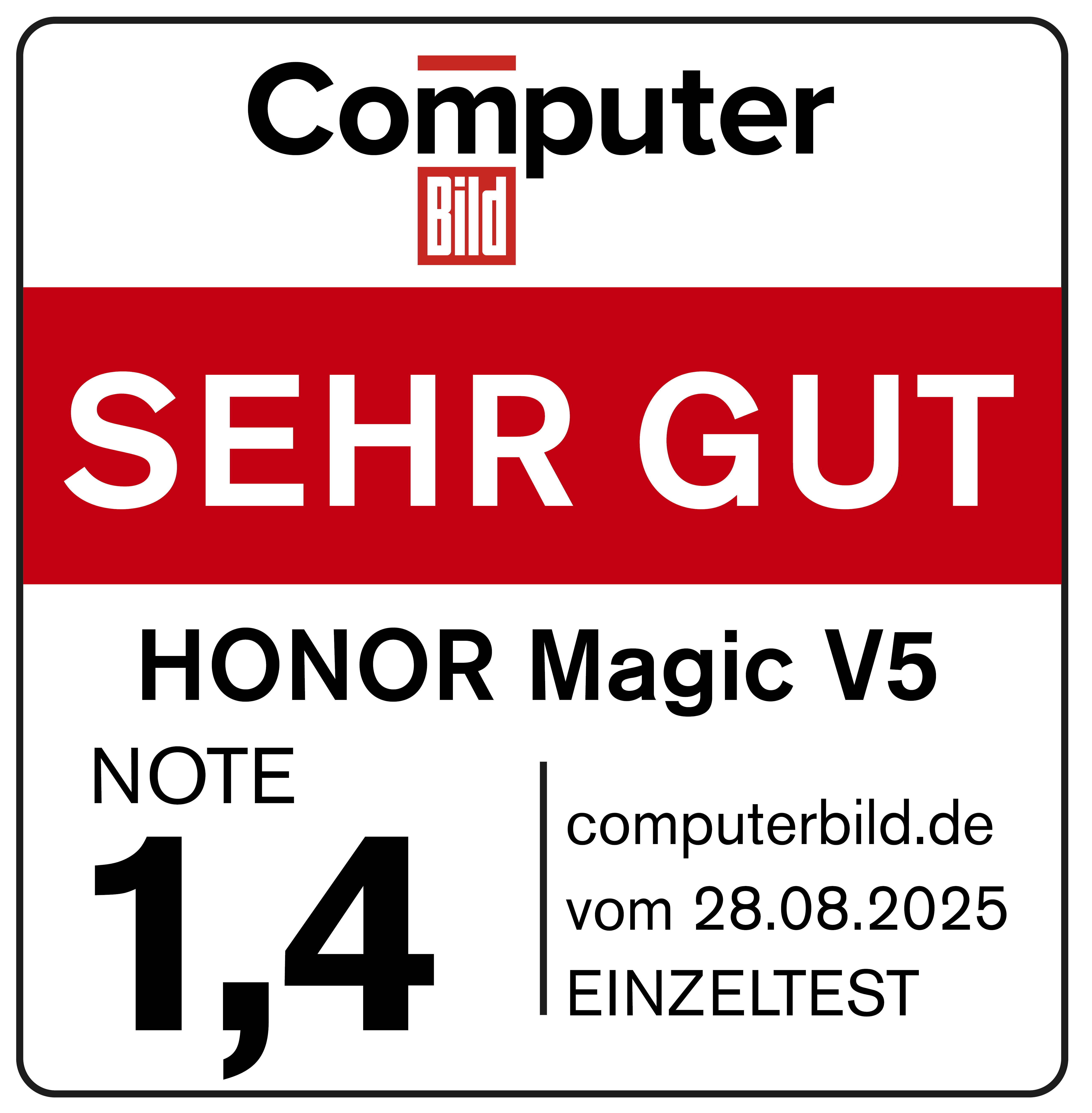 Das Bild zeigt ein Computer Bild-Logo mit dem Text 'SEHR GUT' und 'HONOR Magic V5'. Es enthält auch eine Bewertung von 1,4.