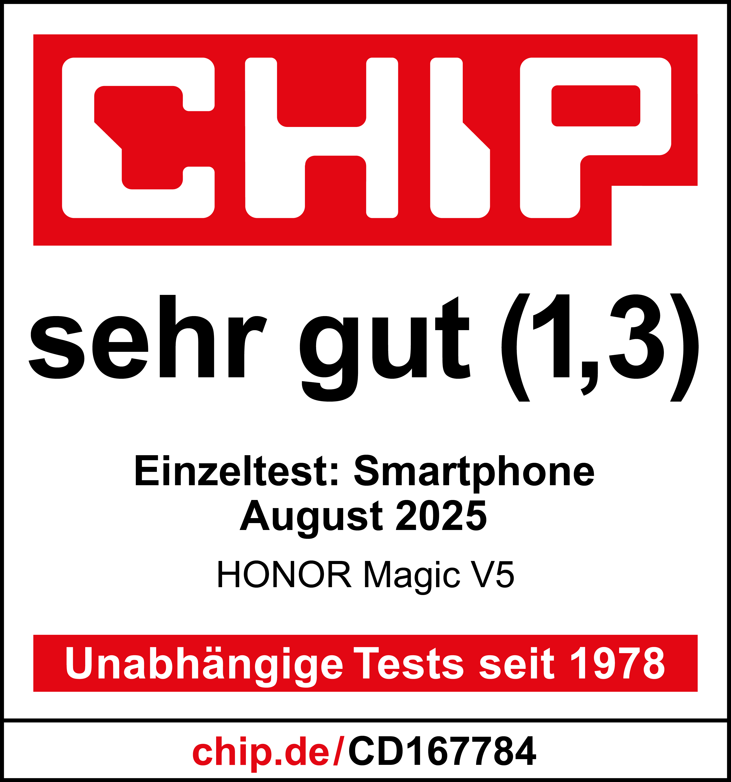Rotes und weißes CHIP-Logo mit 'sehr gut (1,3)' darunter. Details zum Smartphone-Test vom August 2025.
