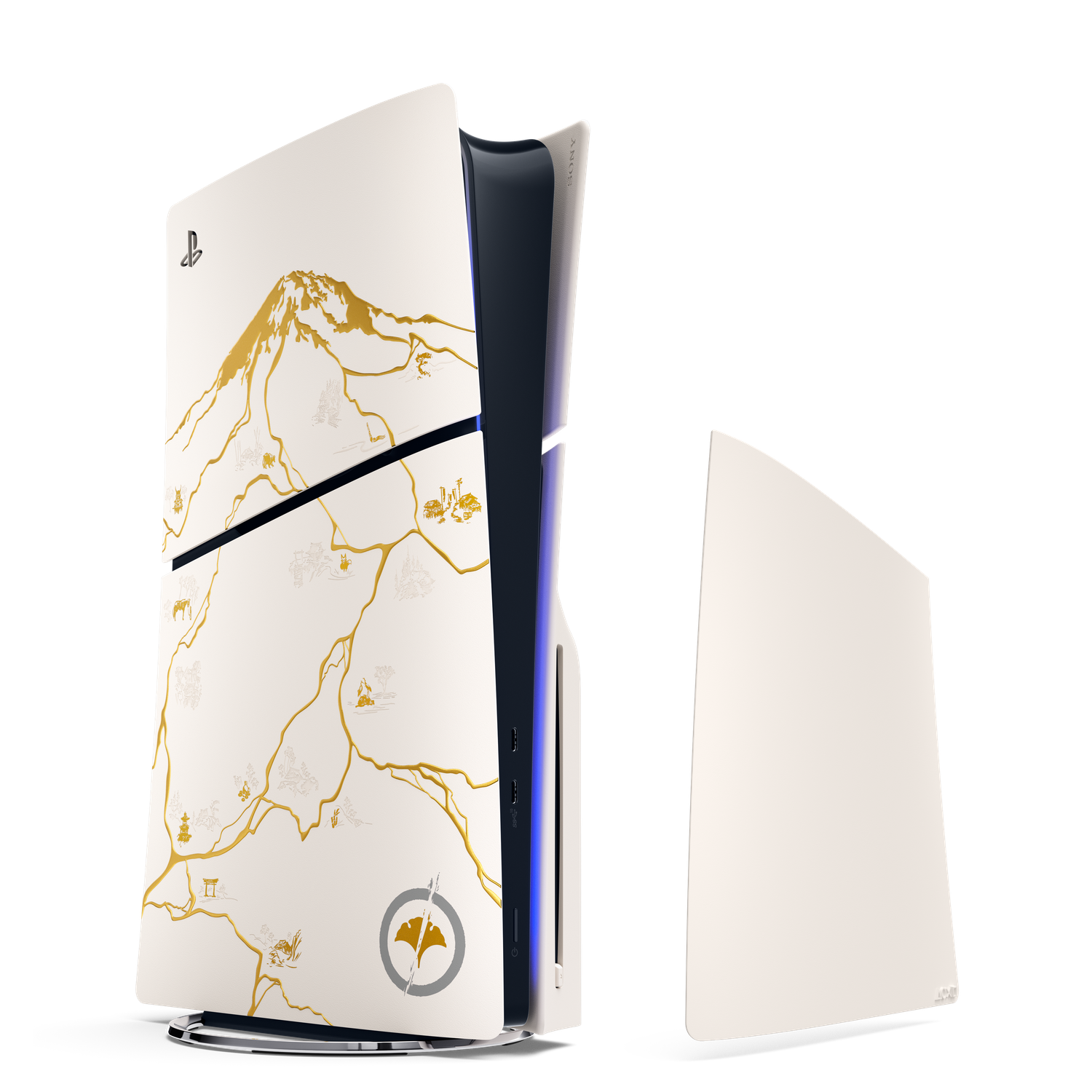 Une console PlayStation 5 avec un design décoratif représentant un art doré de montagnes et de paysages sur fond blanc.