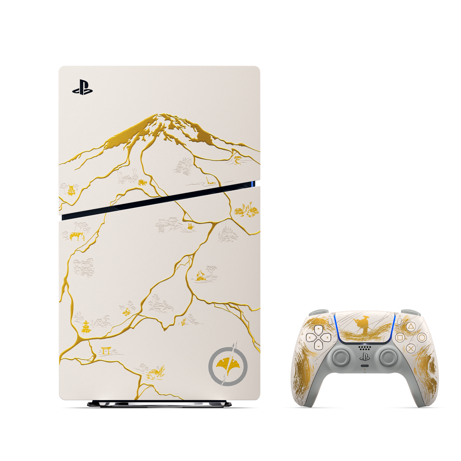 Console et manette PlayStation 5. Blanche avec design doré de montagne et carte. La manette a des coups de pinceau dorés.