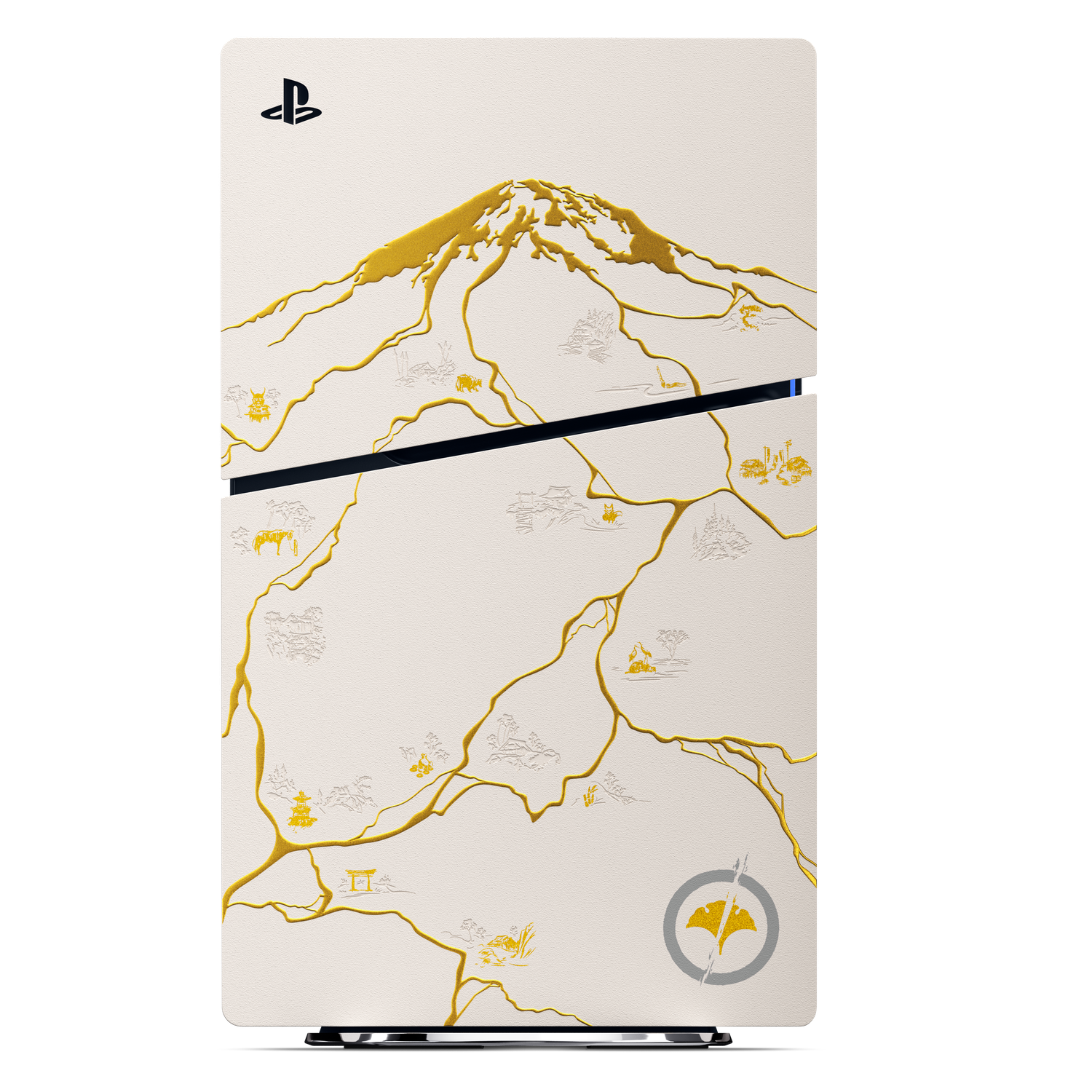 Une coque blanche de PlayStation 5 avec un art de montagne doré, des lignes dorées et de petites illustrations. Un logo PlayStation en haut.