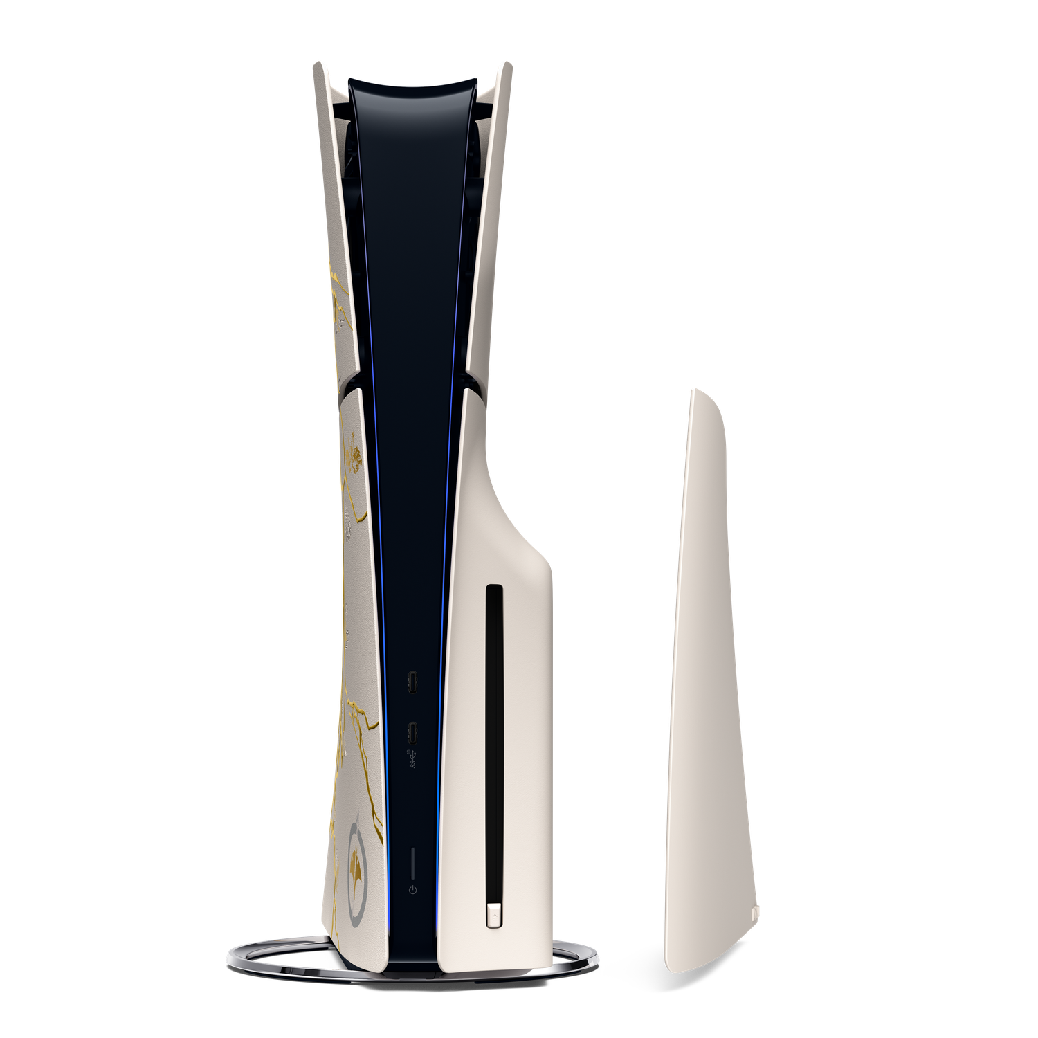 Une console PlayStation 5 blanche et noire avec des accents dorés et un panneau latéral détaché, sur fond noir.
