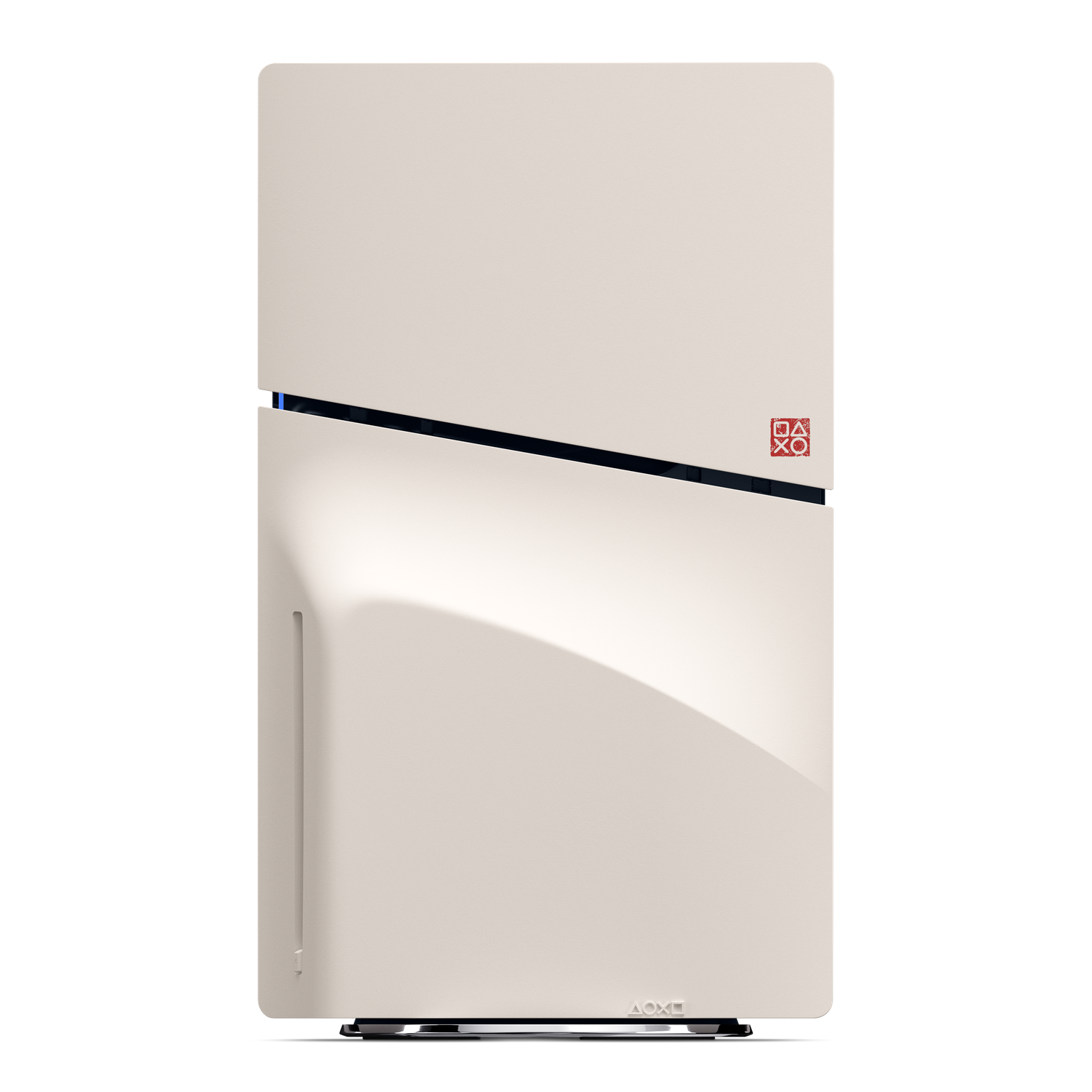 Console de jeu crème, avec un symbole Playstation rouge. Le design a une apparence élégante et moderne avec une ligne d'accent noire.