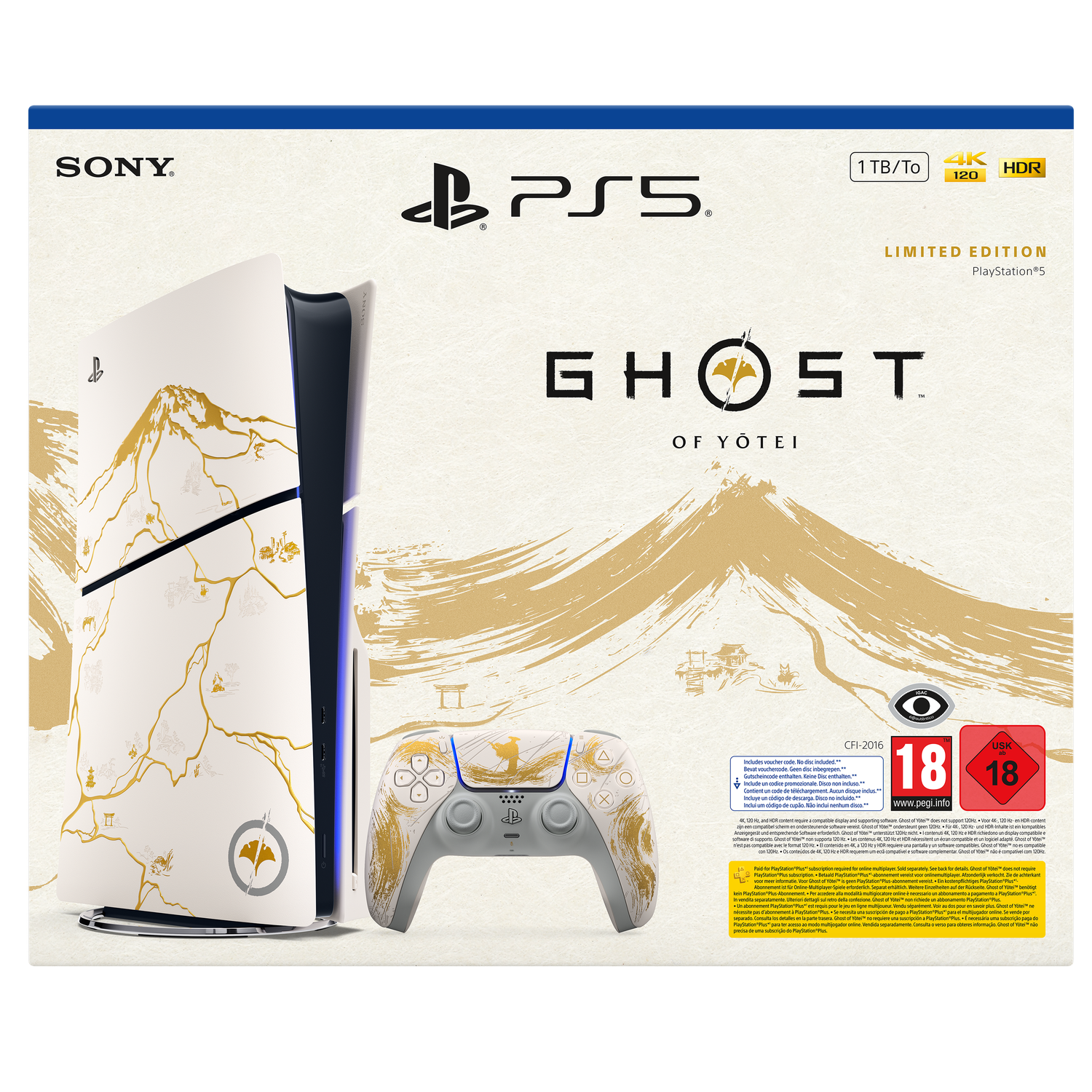 Console PS5 blanche et manette avec motifs dorés. Titre 'Ghost of Yotei'. Inclut 4K, 120 et HDR.