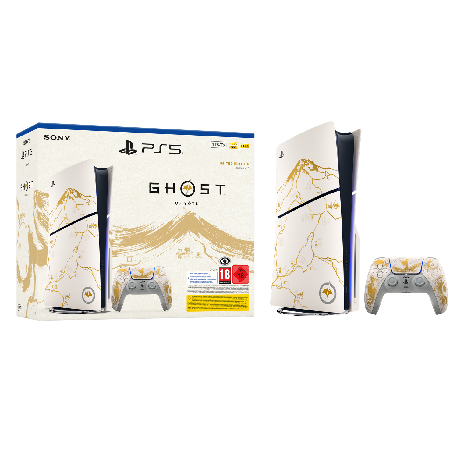 Une console et une manette PS5 en édition limitée, avec un design blanc et doré inspiré du jeu "Ghost of Tsushima".