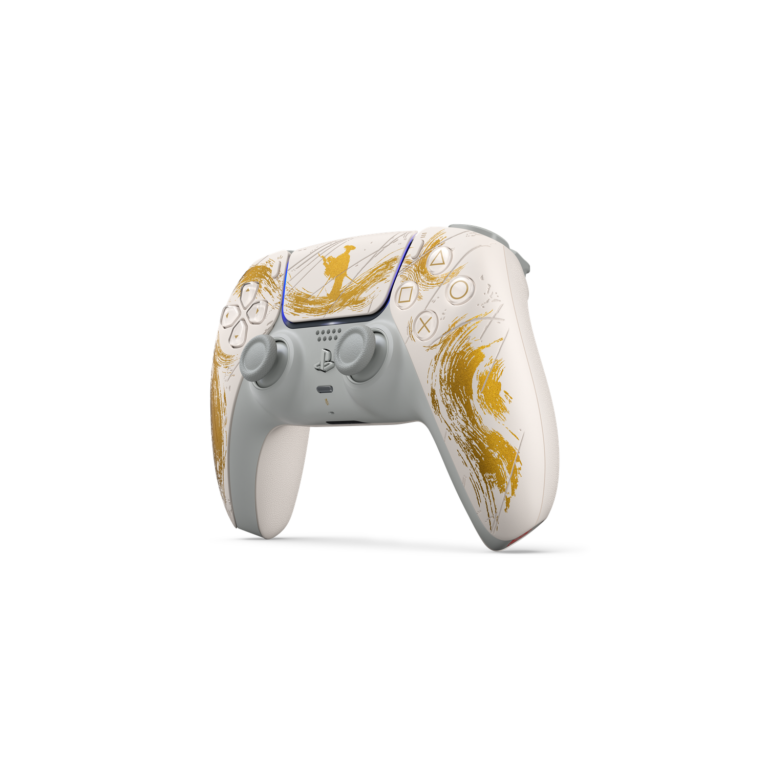 Een witte en gouden PlayStation 5-controller. Het heeft een gouden penseelstreekontwerp en een grijs middenstuk, tegen een zwarte achtergrond.
