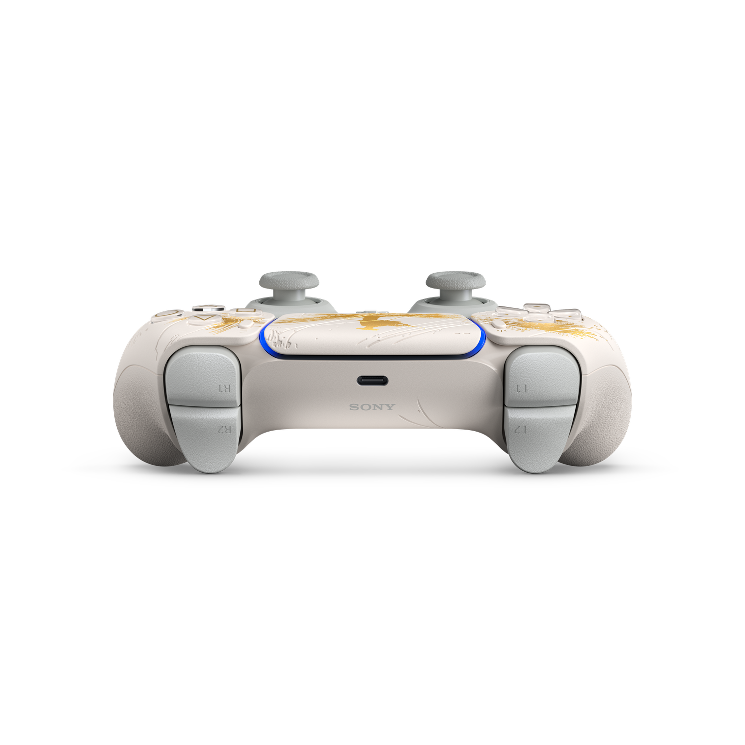 Een witte PS5-controller met gouden accenten. De controller heeft een blauw licht en het woord SONY is in het midden zichtbaar.