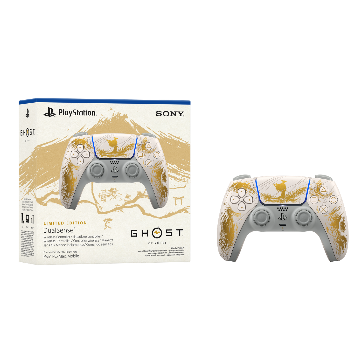 Een witte en gouden PlayStation 5 DualSense-controller naast de doos. De doos en controller hebben een 'Ghost of Tsushima'-ontwerp.