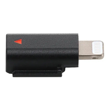 Czarny adapter ze srebrnym złączem Lightning. Na górze znajduje się czerwony trójkąt.