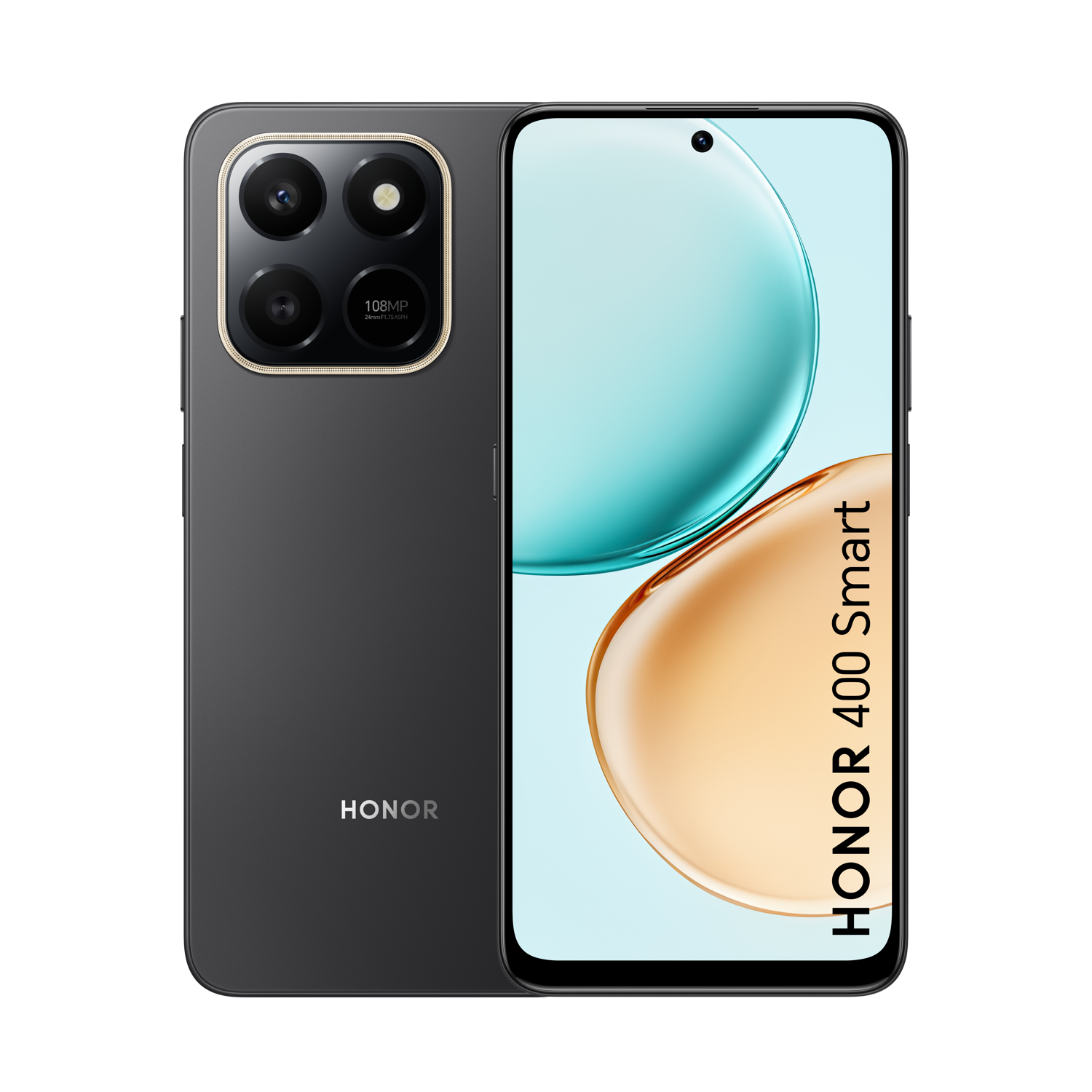 Een donkergrijze HONOR 400 Smart telefoon. Het heeft een quad-camera-opstelling. Het scherm toont een lichtblauwe en gouden gradiënt.
