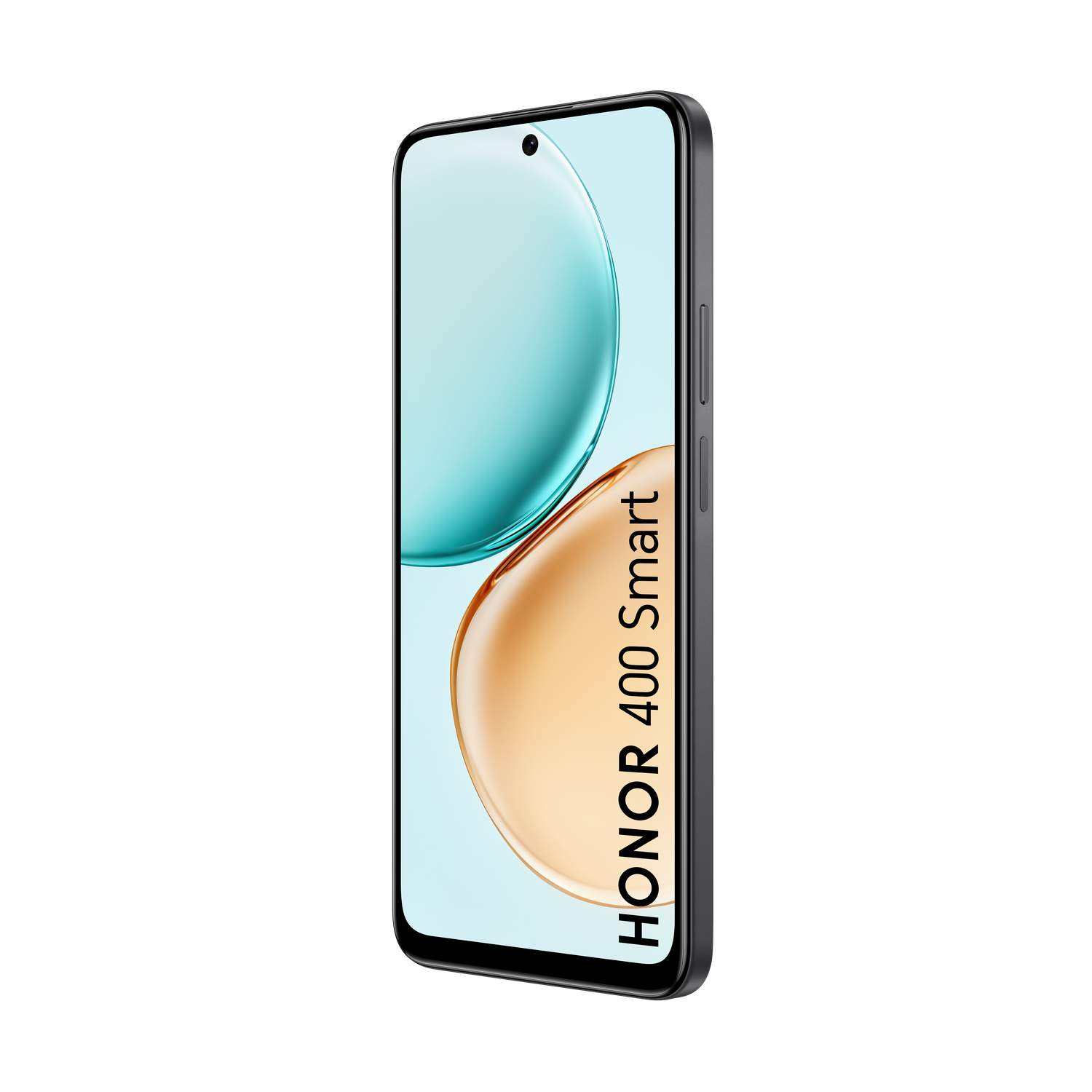 Een smartphone met een blauw en oranje gradiënt scherm, zwart frame en de woorden HONOR 400 Smart verticaal weergegeven.