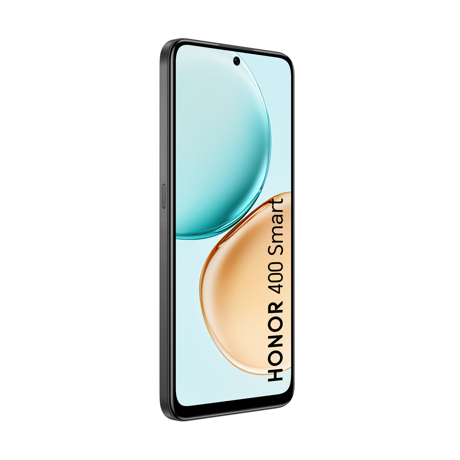 Een smartphone met een zwart frame en een scherm met turquoise en oranje verlopen. HONOR 400 Smart tekst is zichtbaar.