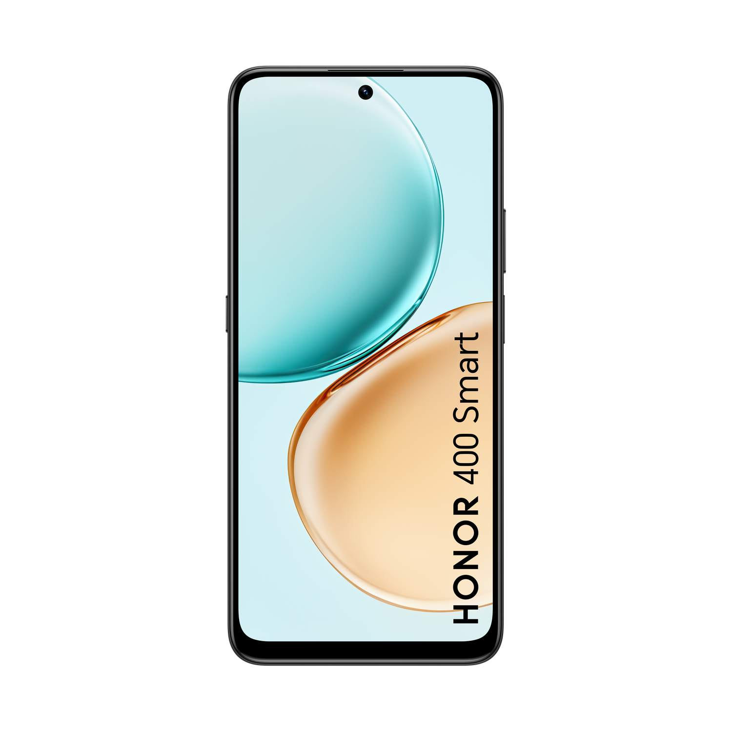 Een smartphone met een lichtblauw en oranje gradiëntscherm, met HONOR 400 Smart-tekst, tegen een zwarte achtergrond.