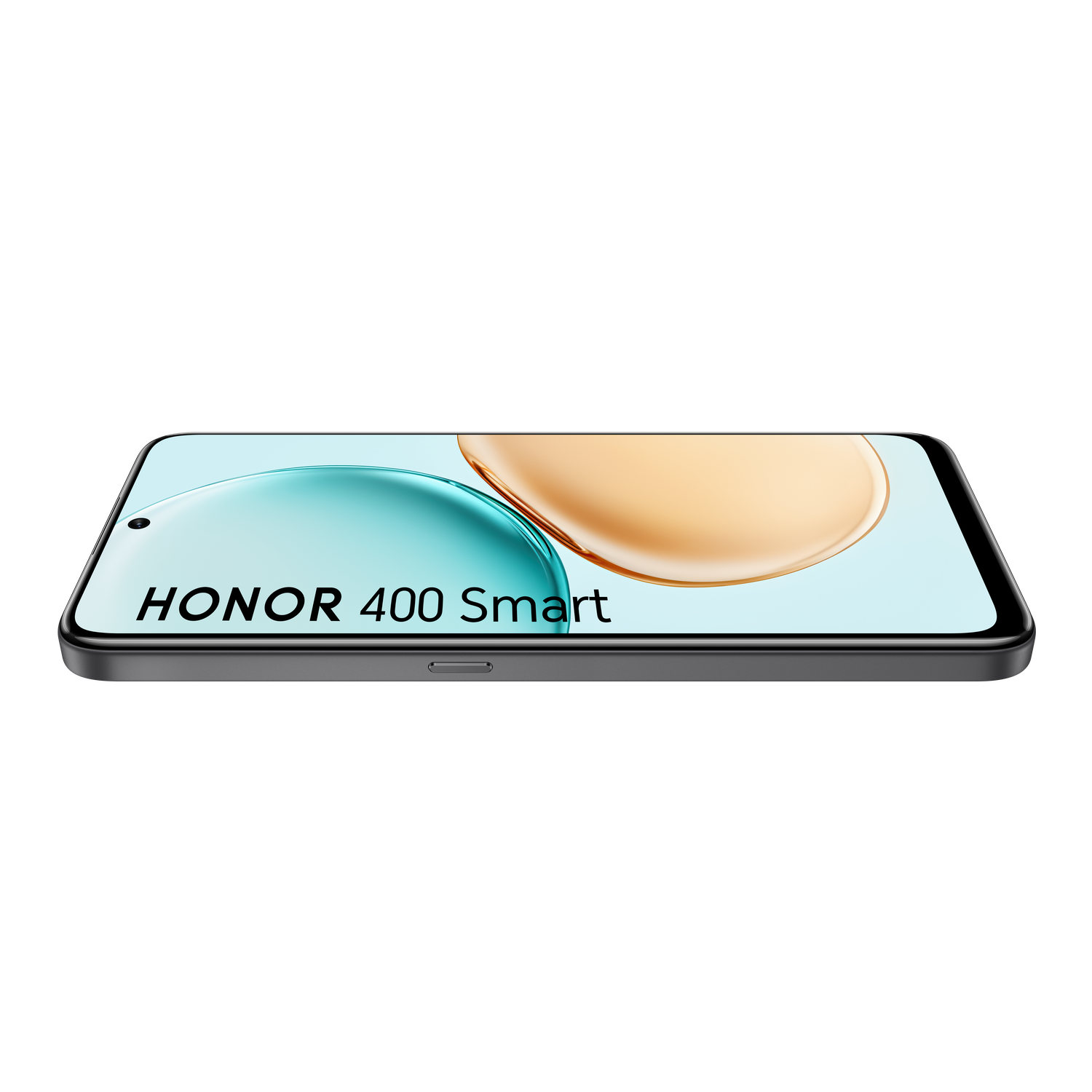 Een HONOR 400 Smart telefoon, schuine weergave. Het scherm toont een turquoise en gouden verloop, met de naam van de telefoon in wit.