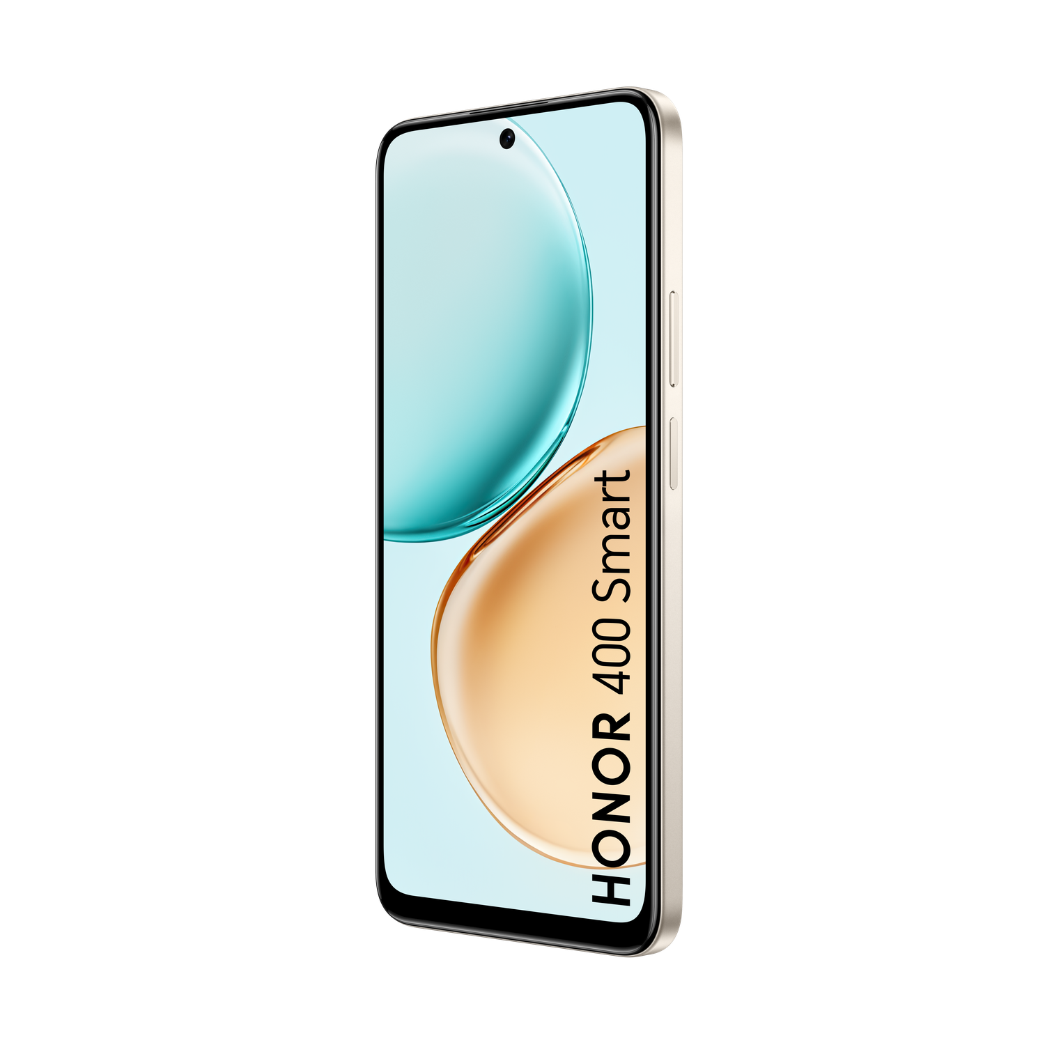 Een gouden HONOR 400 Smart telefoon wordt getoond op een zwarte achtergrond. Het scherm toont blauwe en gouden golven.
