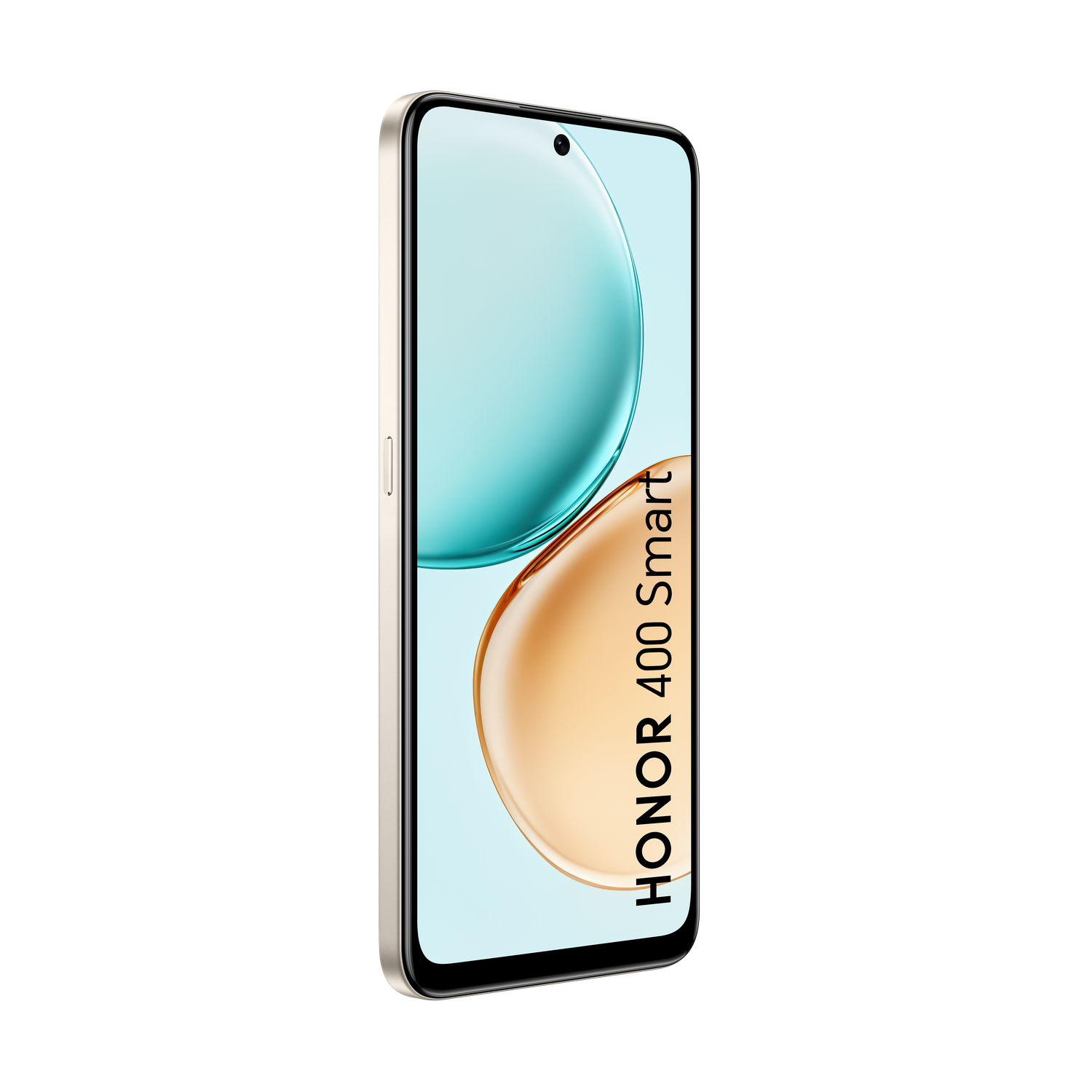 Een smartphone met een lichtgouden frame. Het scherm toont een turquoise en gouden gradiënt met HONOR 400 Smart tekst. Zwarte achtergrond.