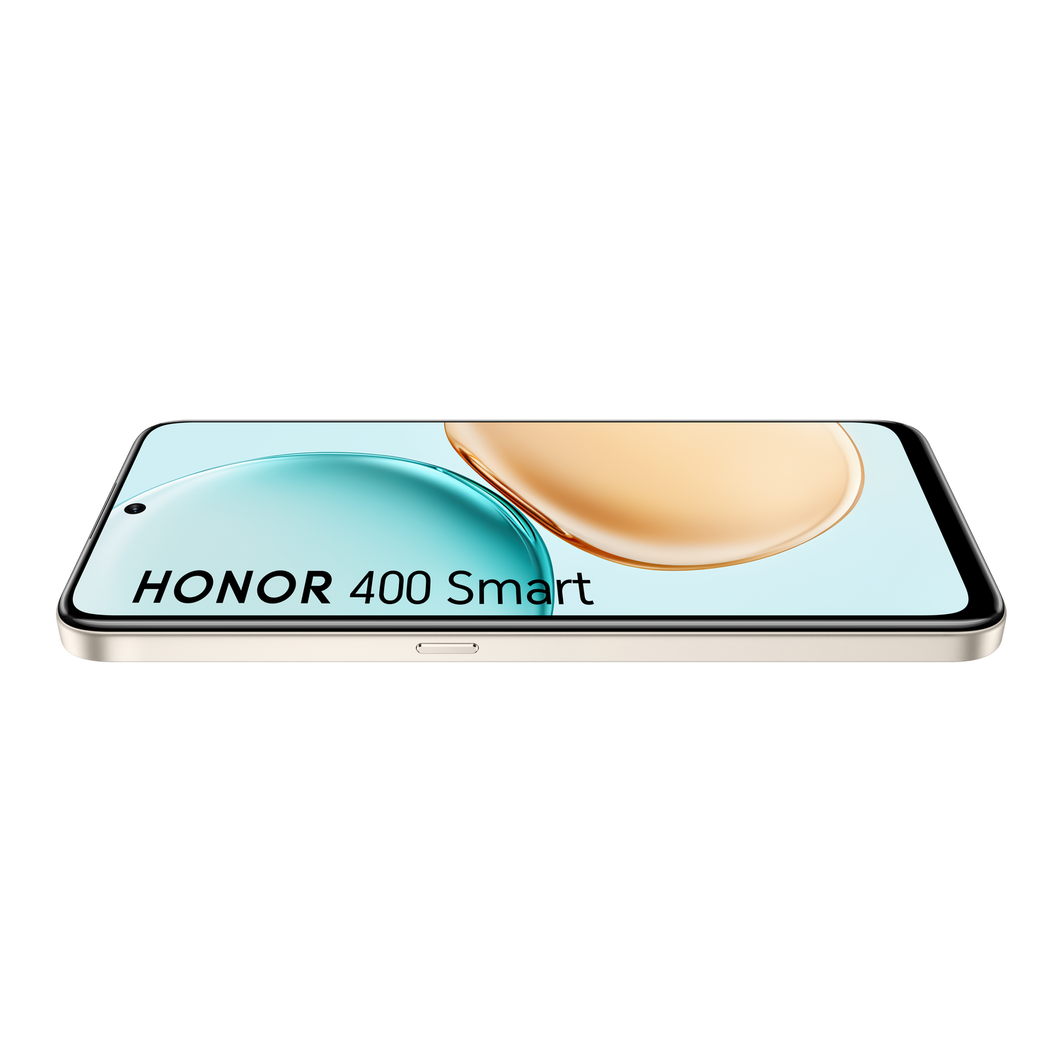 Een Honor 400 Smart telefoon, met een gouden frame, toont een lichtblauwe en gouden achtergrond. De telefoon staat op een zwarte achtergrond.