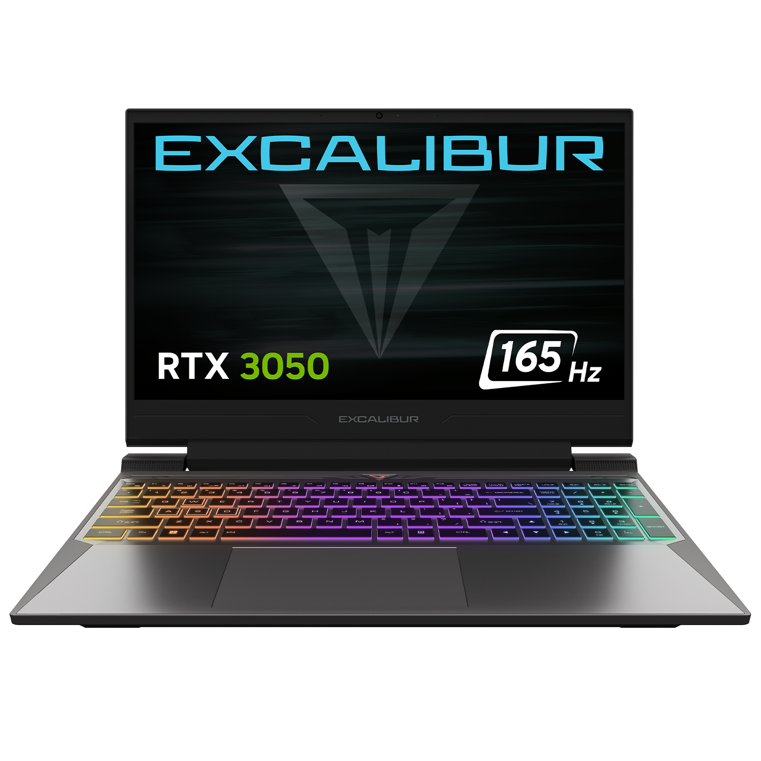 Renkli klavyeli siyah bir dizüstü bilgisayar. Ekran 'EXCALIBUR', 'RTX 3050' ve '165 Hz' gösteriyor.