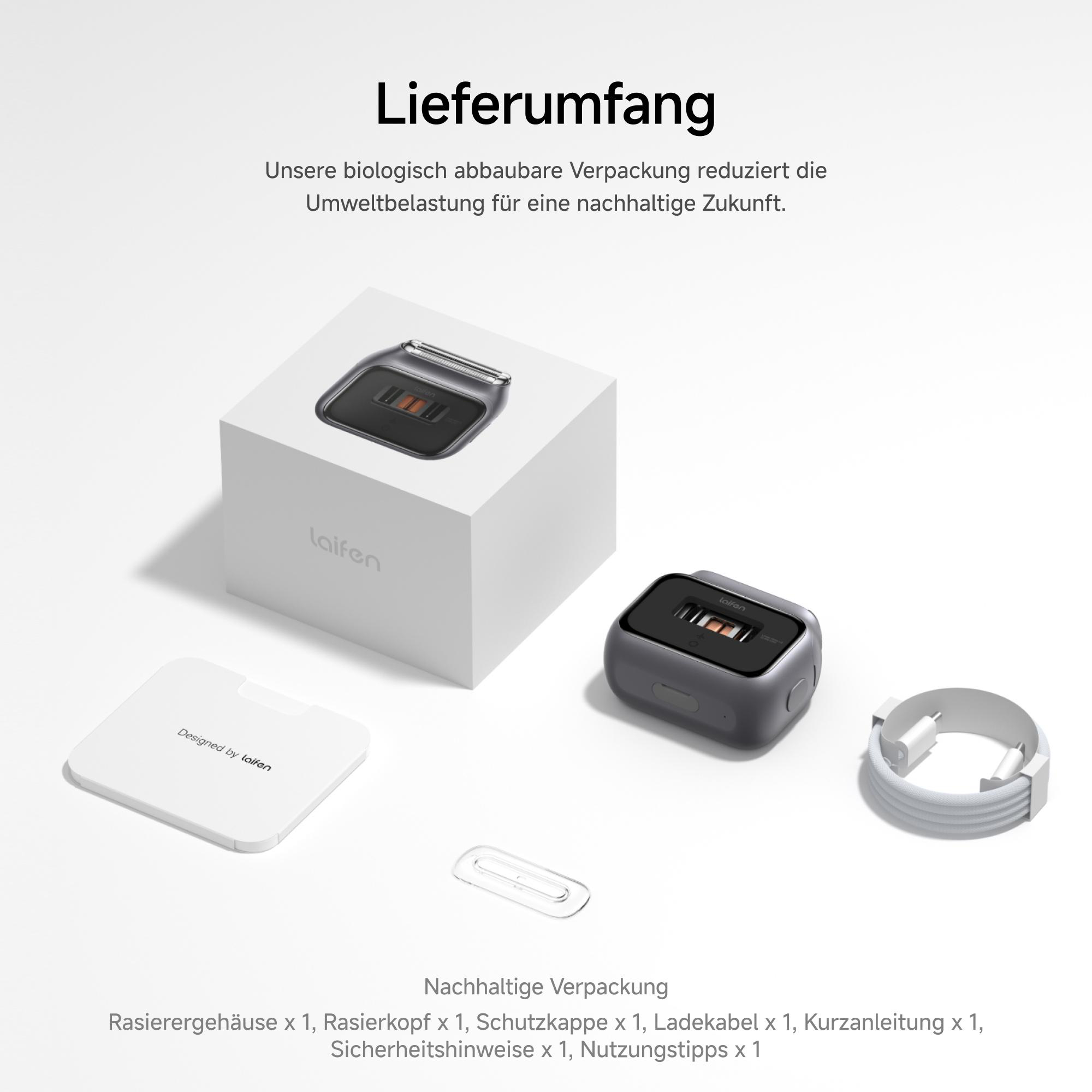 Produktinhalt: Rasierer, Box, Ladegerät, Handbuch und Teile. Weißer Hintergrund.