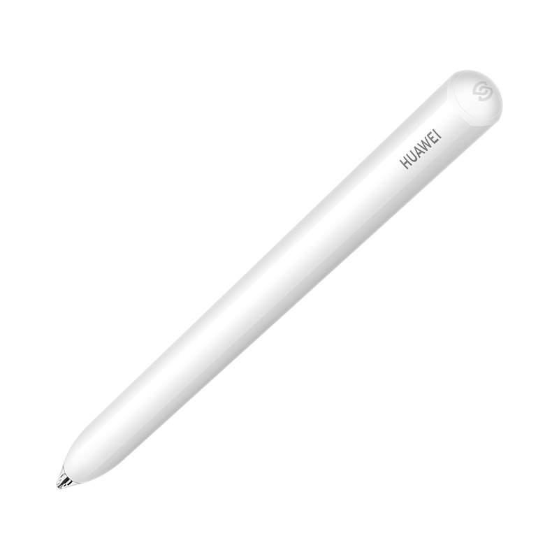Fehér Huawei toll, fehér háttéren. A tollon a Huawei logója és ezüst hegye látható.