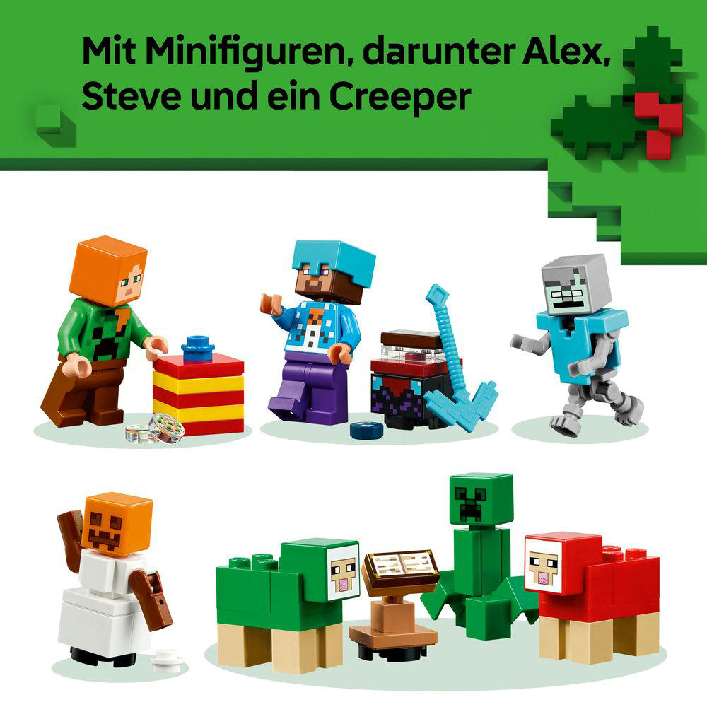 Mehrere Minecraft-Figuren, darunter Alex, Steve und ein Creeper, werden gezeigt. Bunte Blöcke und eine Waffe sind ebenfalls sichtbar.