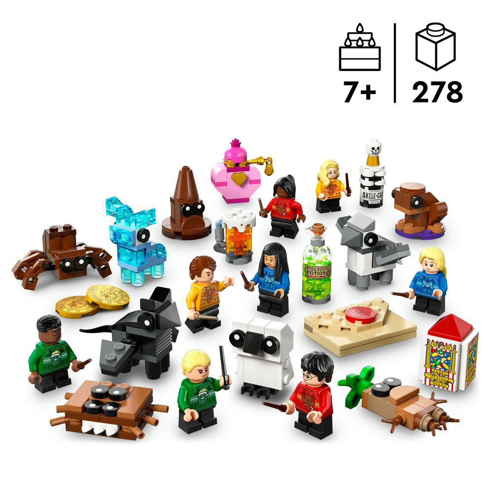 Eine Sammlung von Lego Harry Potter Figuren und Zubehör. Figuren von Charakteren mit Zauberstäben, Tränken und anderen thematischen Gegenständen werden gezeigt.