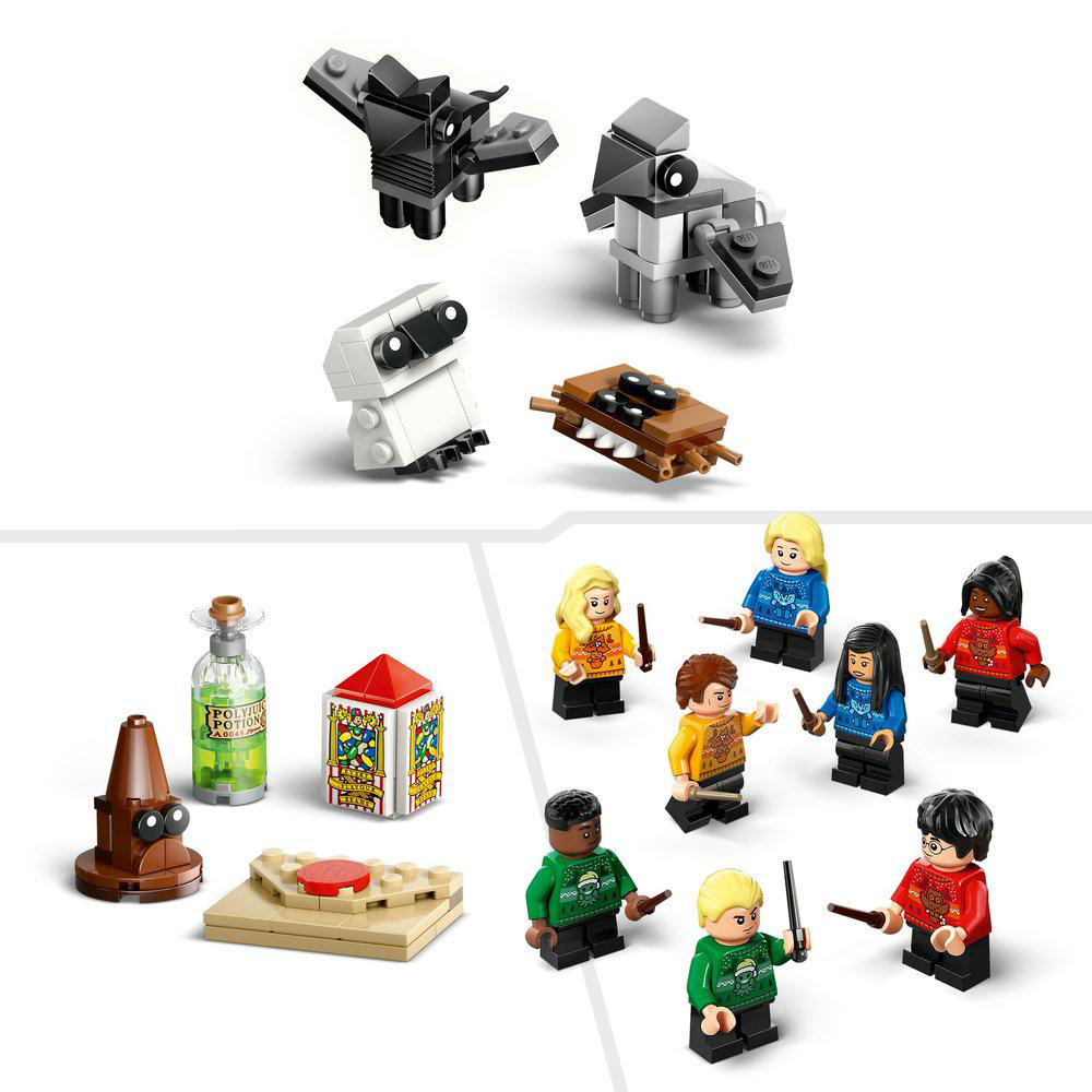 Lego Harry Potter Set mit verschiedenen Charakteren und Objekten. Enthält Figuren, eine Flasche mit Trank und eine Holzkiste. Bunte Szene.