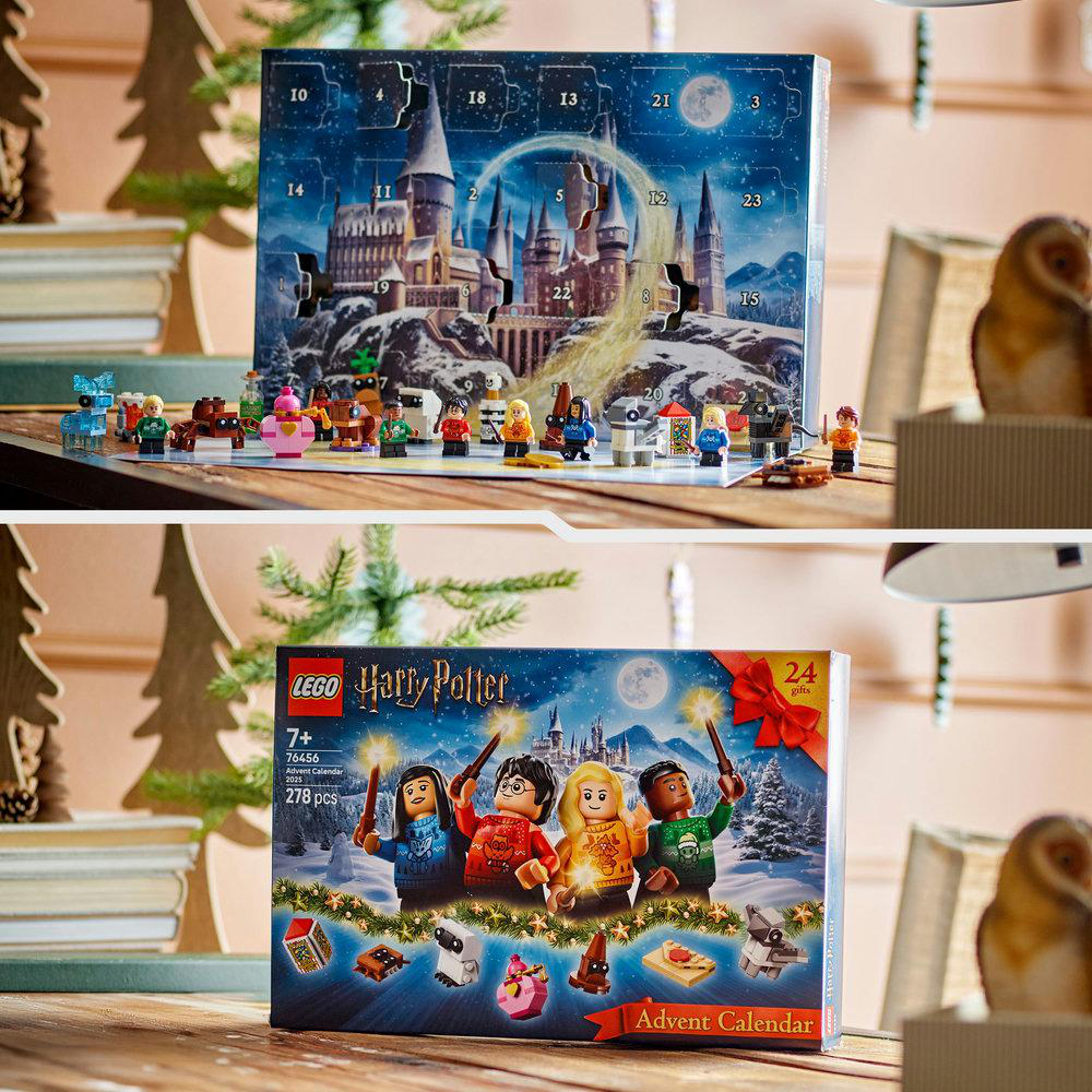 Ein Lego Harry Potter Adventskalender. Oben ist die Burg zu sehen, unten die Box mit Figuren und Geschenken.