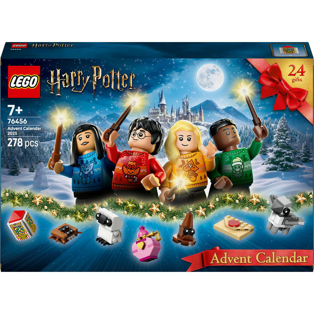 LEGO Harry Potter Adventskalender-Box. Vier Minifiguren mit Zauberstäben. Hogwarts-Schloss im Hintergrund. Enthält 24 Geschenke.