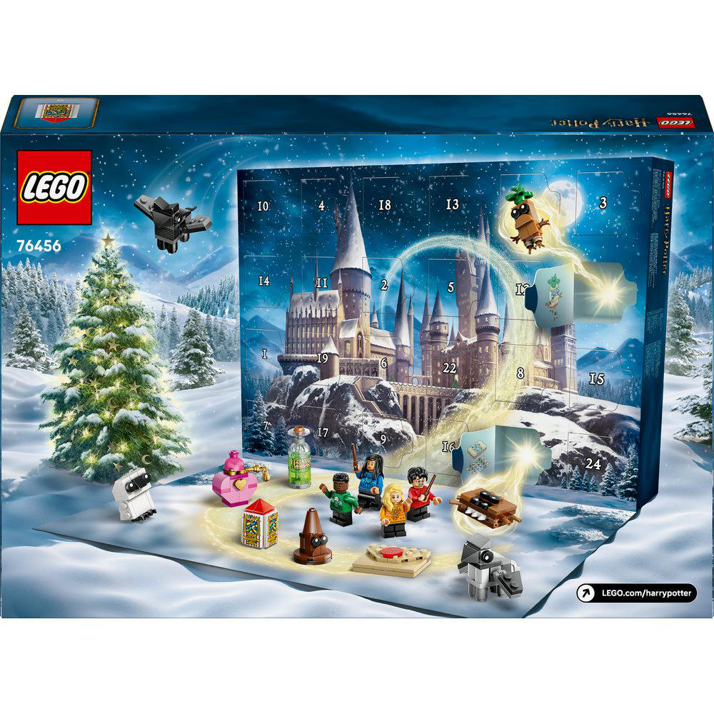 Lego Harry Potter Adventskalender-Box. Enthält Hogwarts-Schloss, Weihnachtsbaum und verschiedene Lego-Figuren und Objekte.