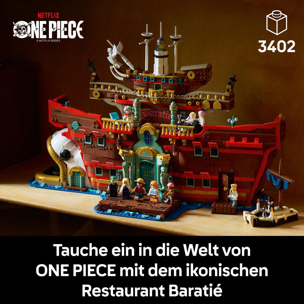 Ein Lego-Set des Baratie-Restaurants aus One Piece, das das Schiff mit Figuren an Deck zeigt.