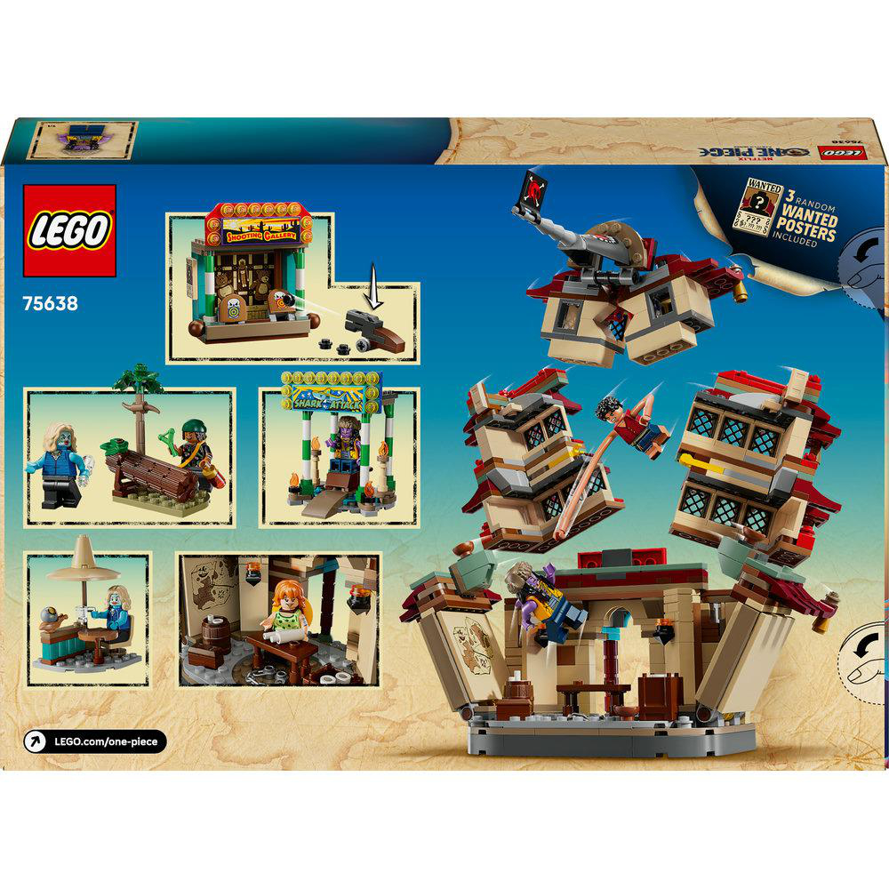 Lego One Piece Set-Box mit Bauanleitungen und Bildern des zusammengebauten Sets, mit Charakteren und Szenen aus dem Anime.