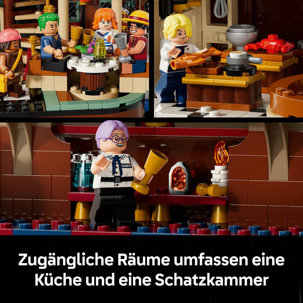 LEGO Piratenschiff-Innenraum mit Minifiguren in Küche und Schatzkammer. Text unten: Zugängliche Räume umfassen Küche und Schatzkammer.