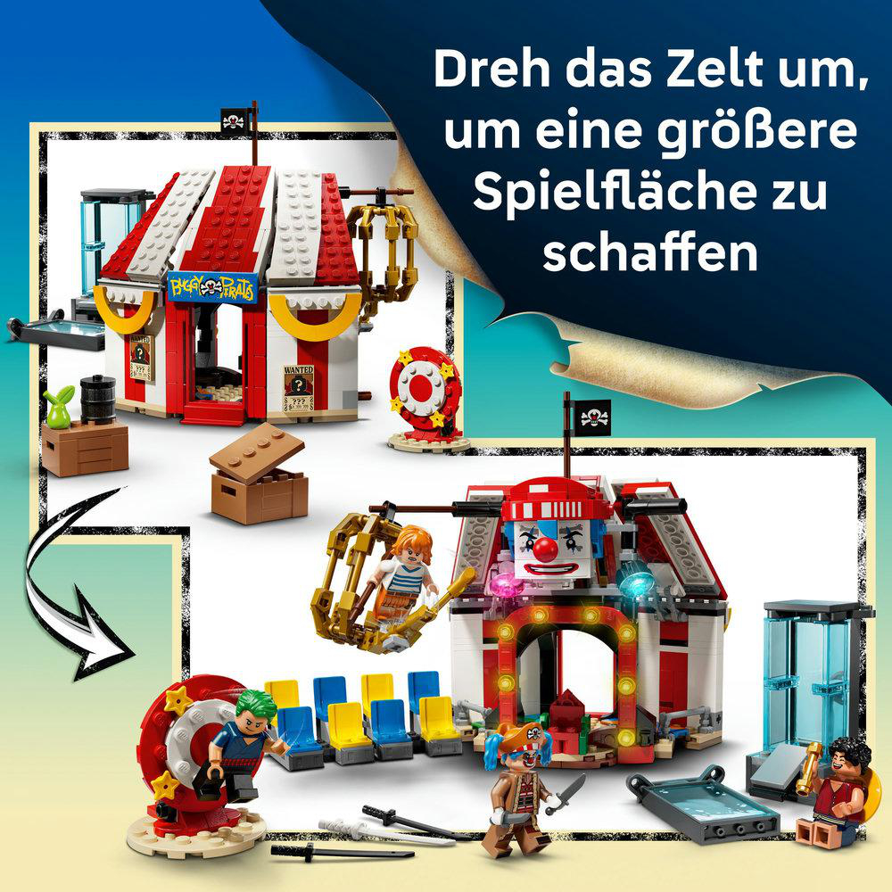 Ein Lego-Zirkus-Set mit einem rot-weißen Zelt, Clownfiguren und einem Riesenrad. Es gibt auch Minifiguren und Requisiten.