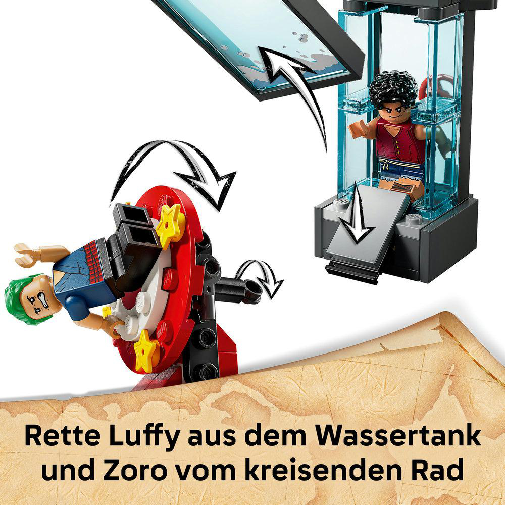 Lego-Set: Luffy- und Zoro-Figuren, eine in einem Tank, die andere auf einem rotierenden Rad. Pfeile zeigen auf beide Figuren.