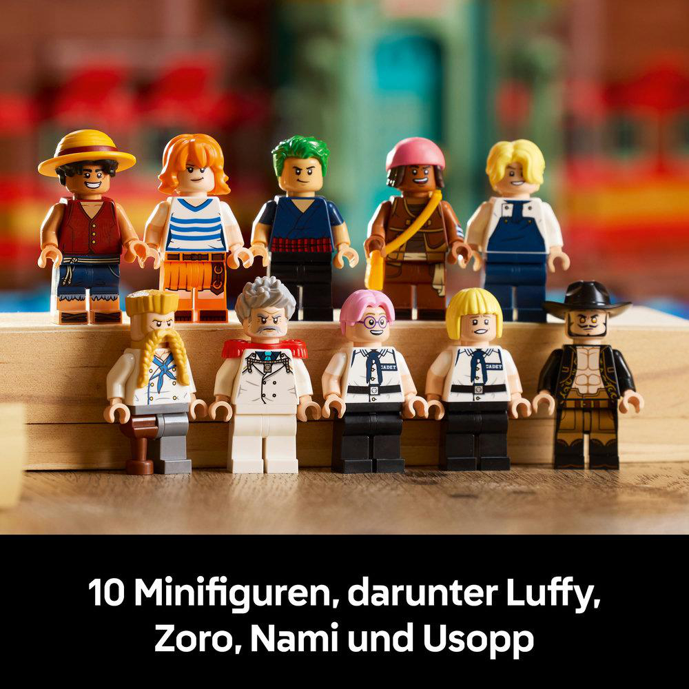 Zehn Lego-Minifiguren, darunter Luffy, Zoro, Nami und Usopp, werden gezeigt. Die Figuren sind farbenfroh und detailliert, basierend auf einem Cartoon.