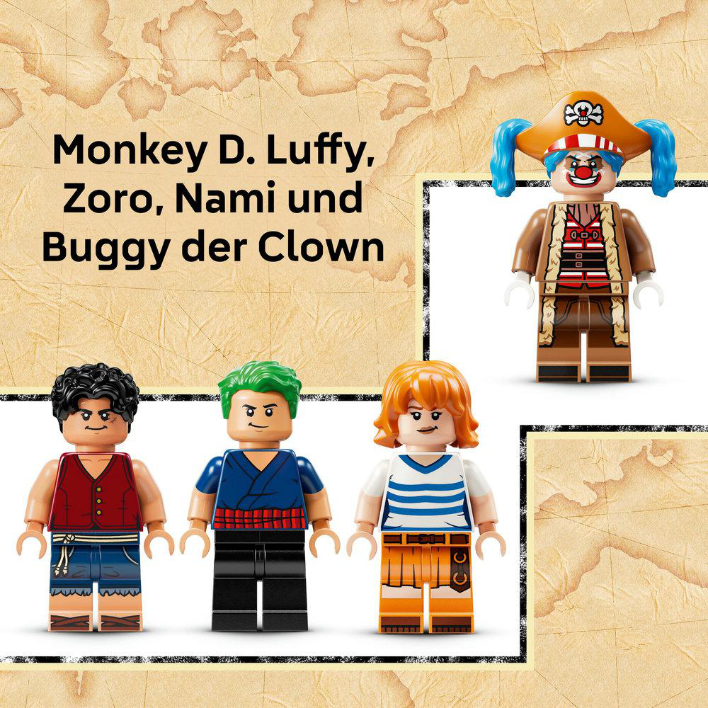 Lego-Figuren von Monkey D. Luffy, Zoro, Nami und Buggy dem Clown. Die Figuren befinden sich auf einem kartenähnlichen Hintergrund.