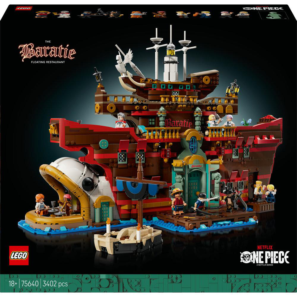 LEGO-Set des Baratie-Restaurants aus One Piece. Das schiffsförmige Gebäude hat mehrere Ebenen und Figuren an Deck.