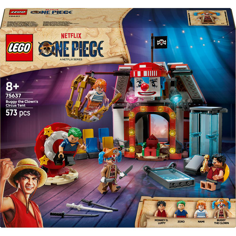 LEGO One Piece Set. Enthält Charaktere, ein Zirkuszelt und Piratenschiffelemente. Die Box zeigt Luffy und die Worte 'Netflix' und 'One Piece'.