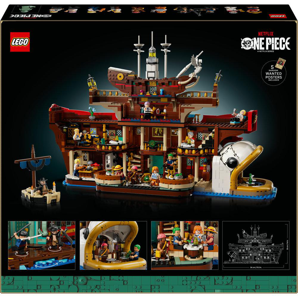 LEGO One Piece Set. Detailliertes Piratenschiff mit mehreren Ebenen und Figuren. Die Box zeigt Schiff, Minifiguren und das Netflix-Logo.