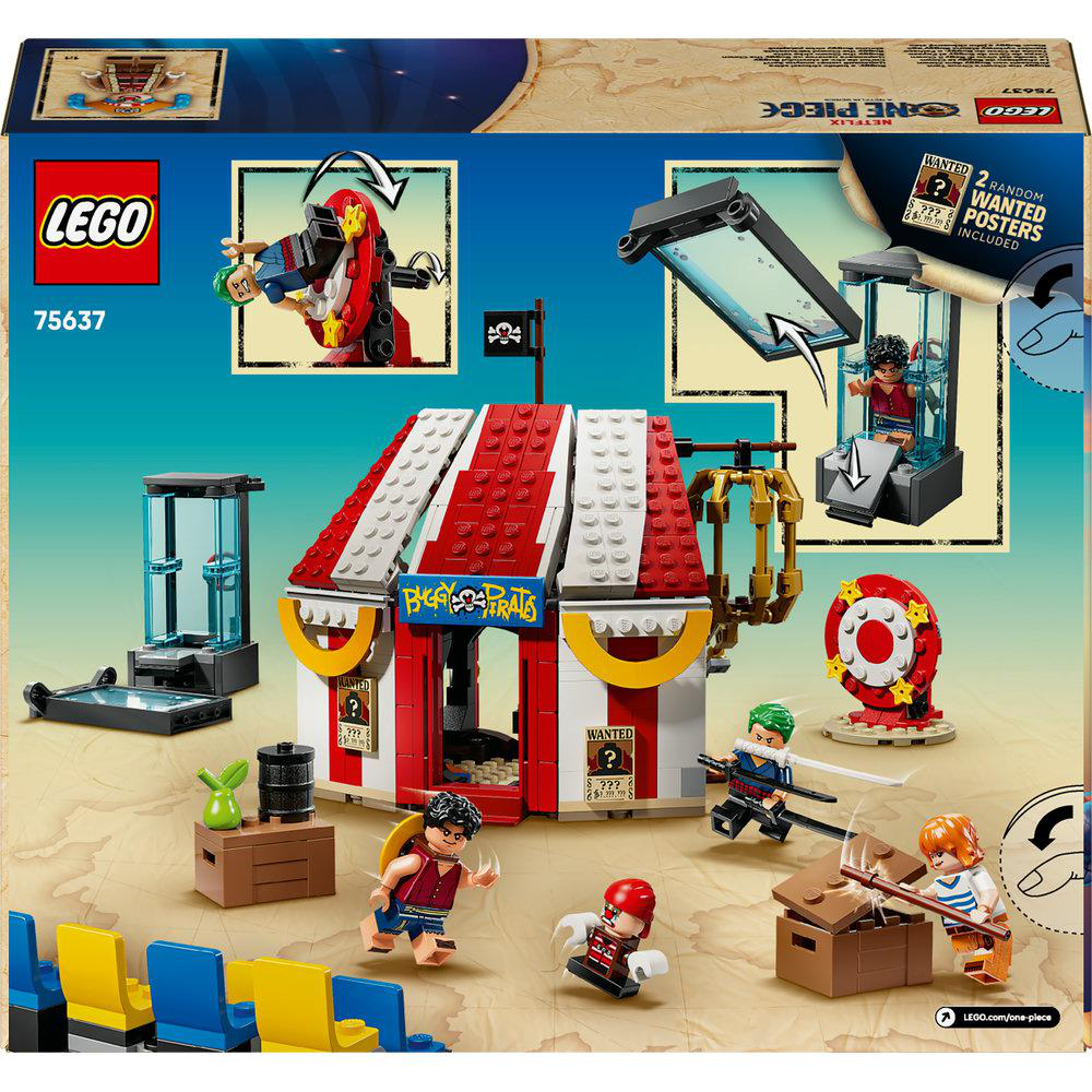 Ein LEGO-Set zeigt eine zirkusartige Szene mit Minifiguren, einem Zelt und Fahndungsplakaten. Das Set ist auf One Piece thematisiert.